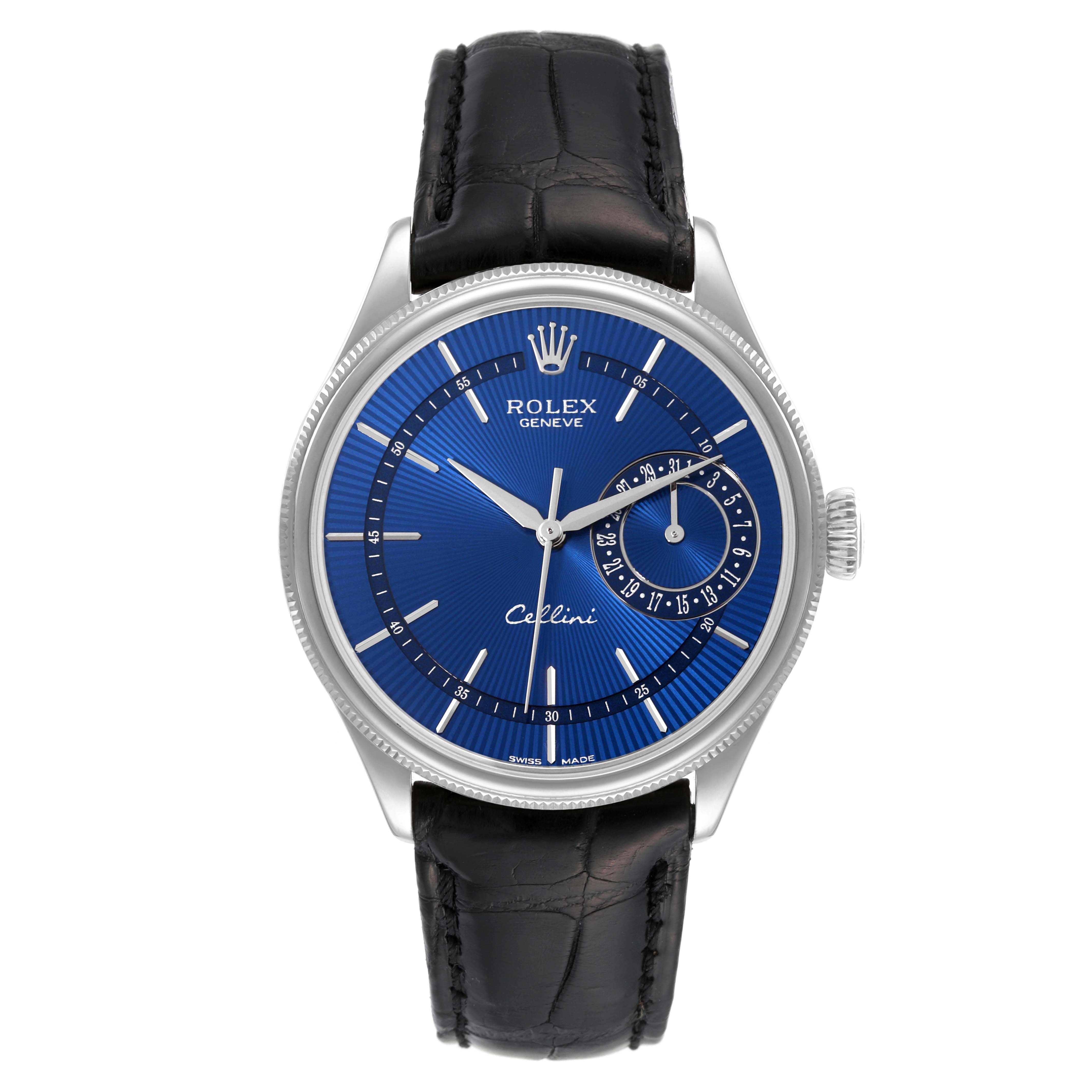 The image shows a frontal view of a Rolex Cellini 50519 Men's White Gold Blue Dial 50519 Men's White Gold Blue Dial watch with a blue dial and black leather strap.