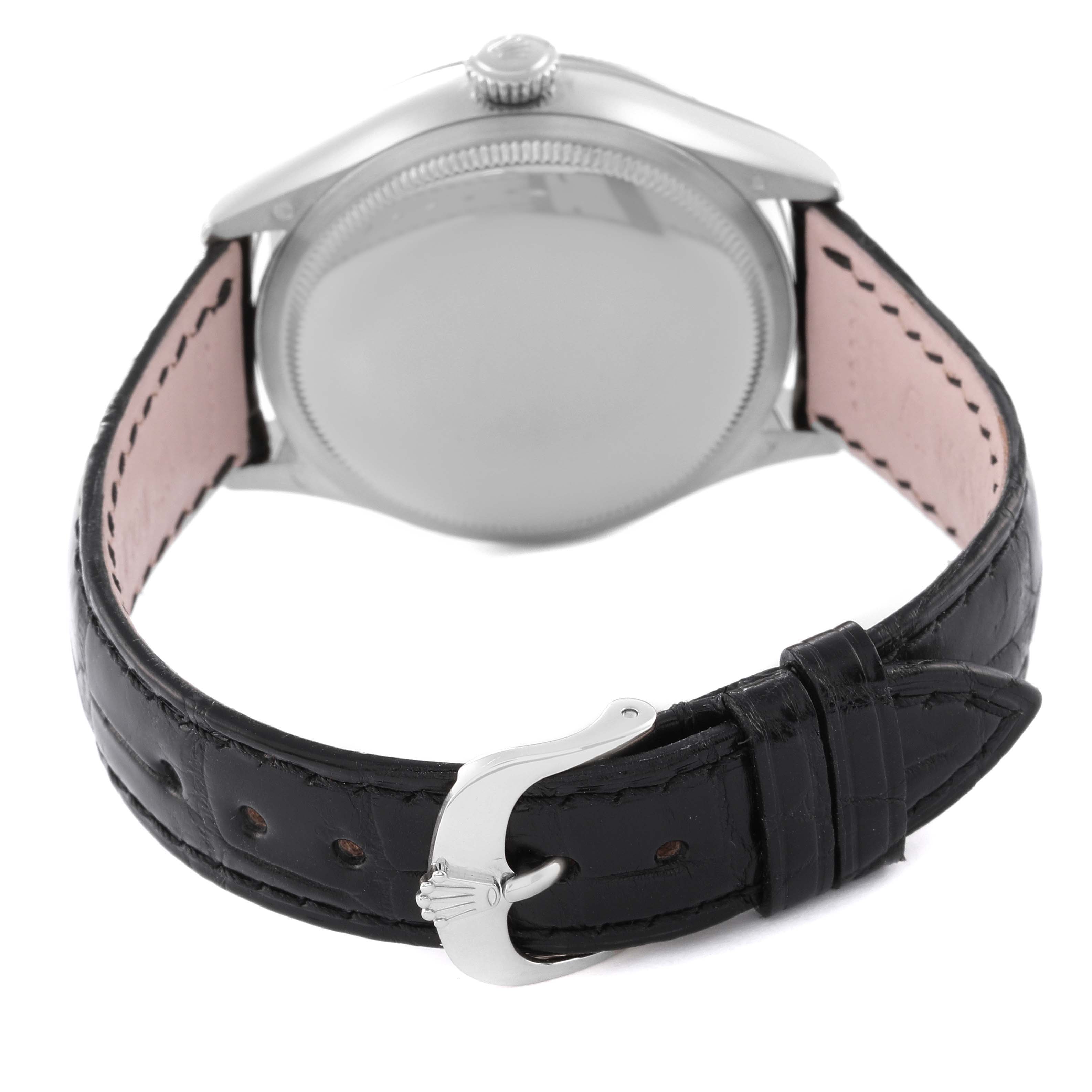 The image shows the back and strap of a Rolex Cellini 50519 Men's White Gold Blue Dial 50519 Men's White Gold Blue Dial watch from a rear angle, highlighting the buckle and case back.