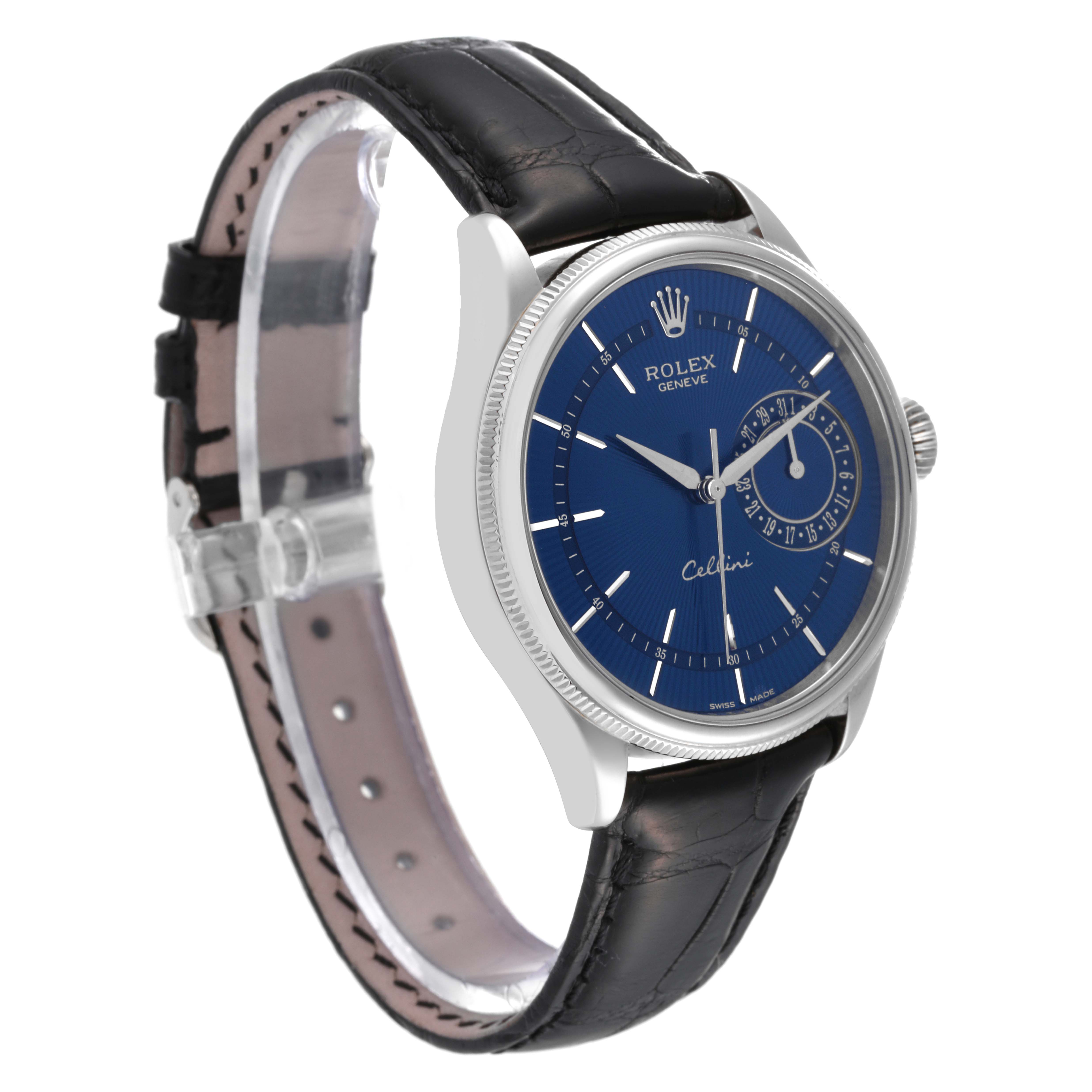 The image shows a Rolex Cellini 50519 Men's White Gold Blue Dial 50519 Men's White Gold Blue Dial watch at a slight angle, highlighting its blue dial, silver case, and black leather strap.