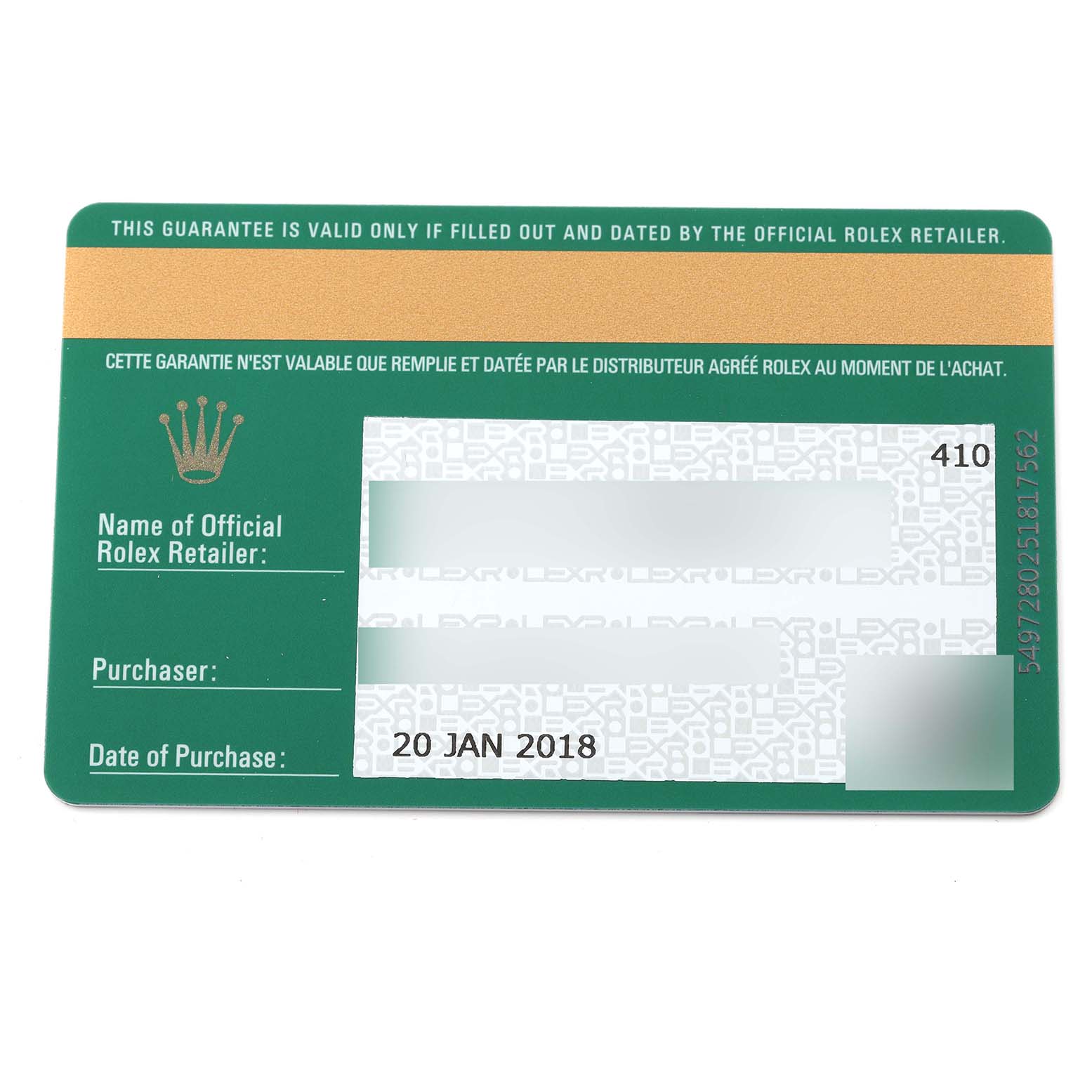 This image shows the warranty card for a Rolex Cellini 50519 Men's White Gold Blue Dial 50519 Men's White Gold Blue Dial model, featuring the date of purchase and retailer information areas.