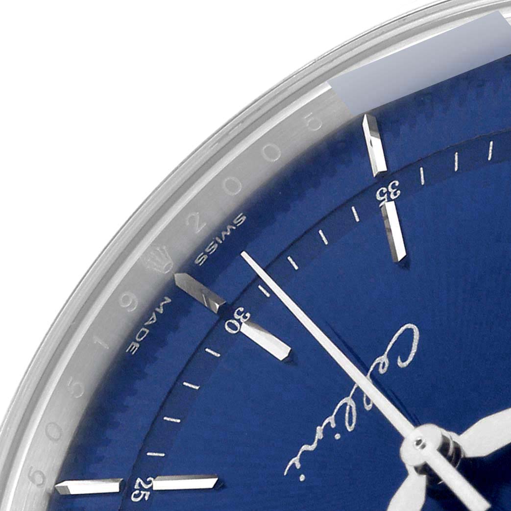 The image shows a close-up of the Rolex Cellini 50519 Men's White Gold Blue Dial 50519 Men's White Gold Blue Dial watch's blue dial, including the hour and minute markers and hands.