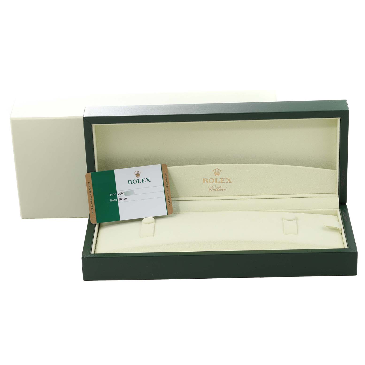 The image shows the open box and guarantee card for the Rolex Cellini 50519 Men's White Gold Blue Dial 50519 Men's White Gold Blue Dial model, without the watch.