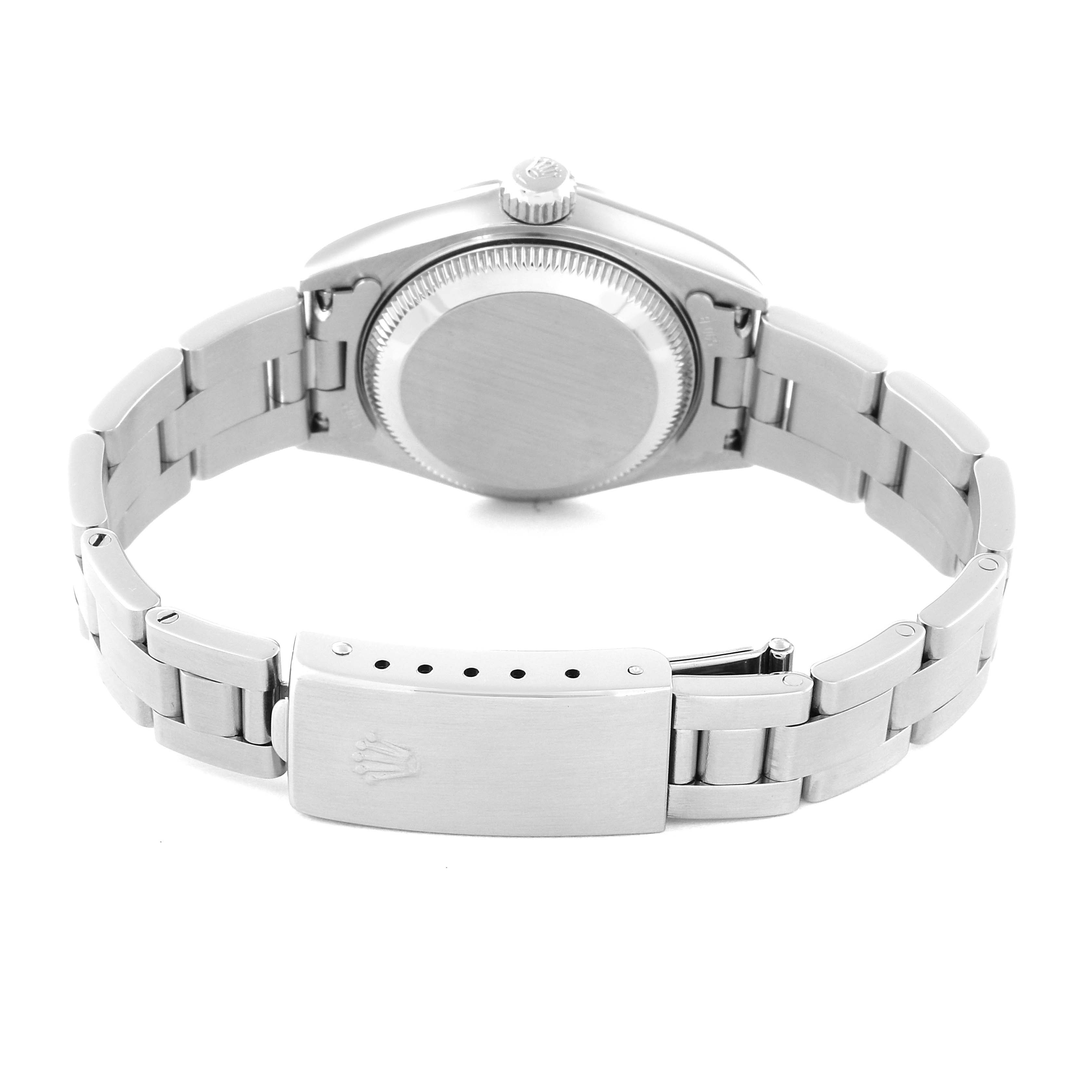 The image shows the back view of a Rolex Date 79160 Women's Stainless Steel Blue Dial 79160 Women's Stainless Steel Blue Dial model watch, highlighting the bracelet, case back, and clasp.