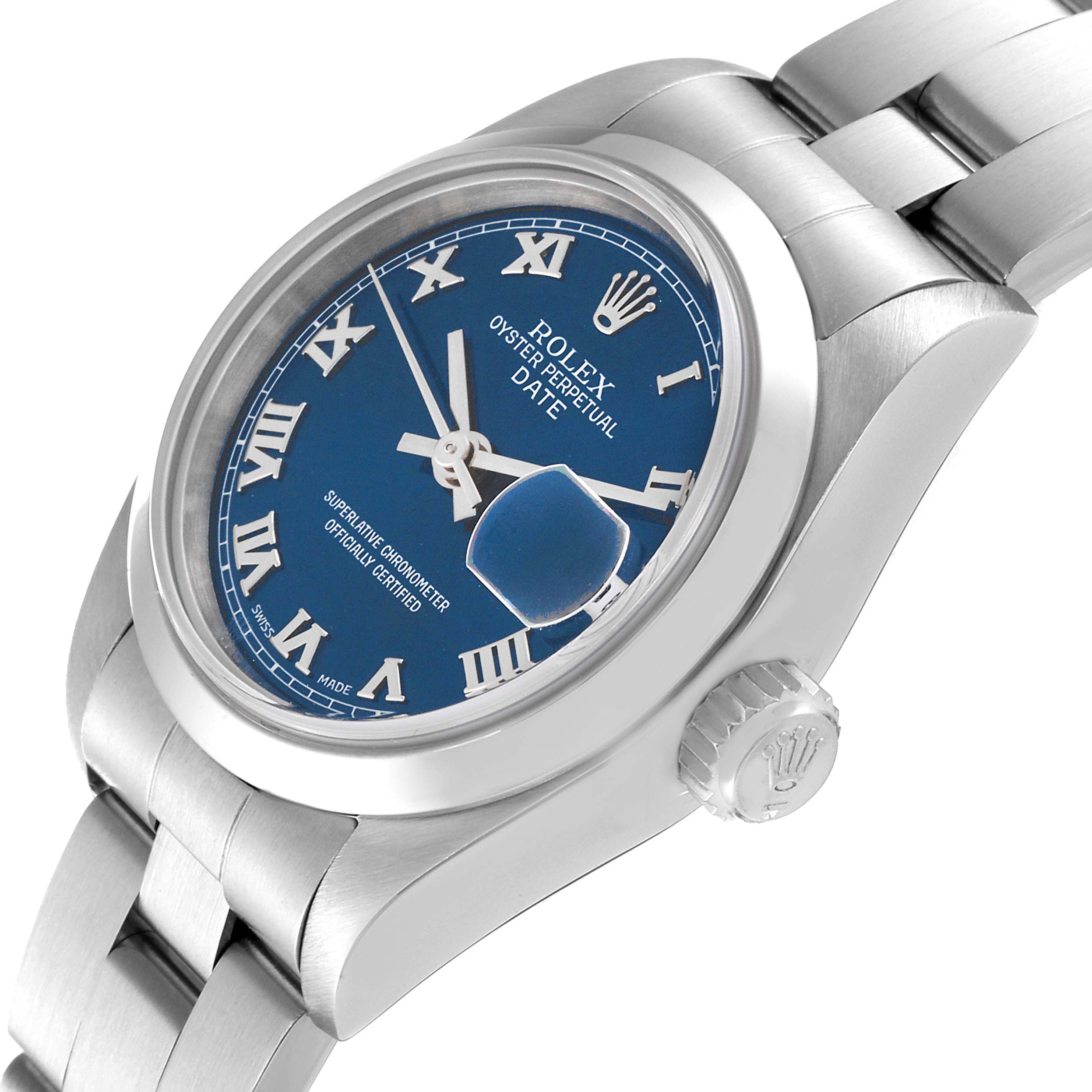 The image shows a close-up of a Rolex Oyster Perpetual Date watch, highlighting the dial, case, crown, and bracelet.