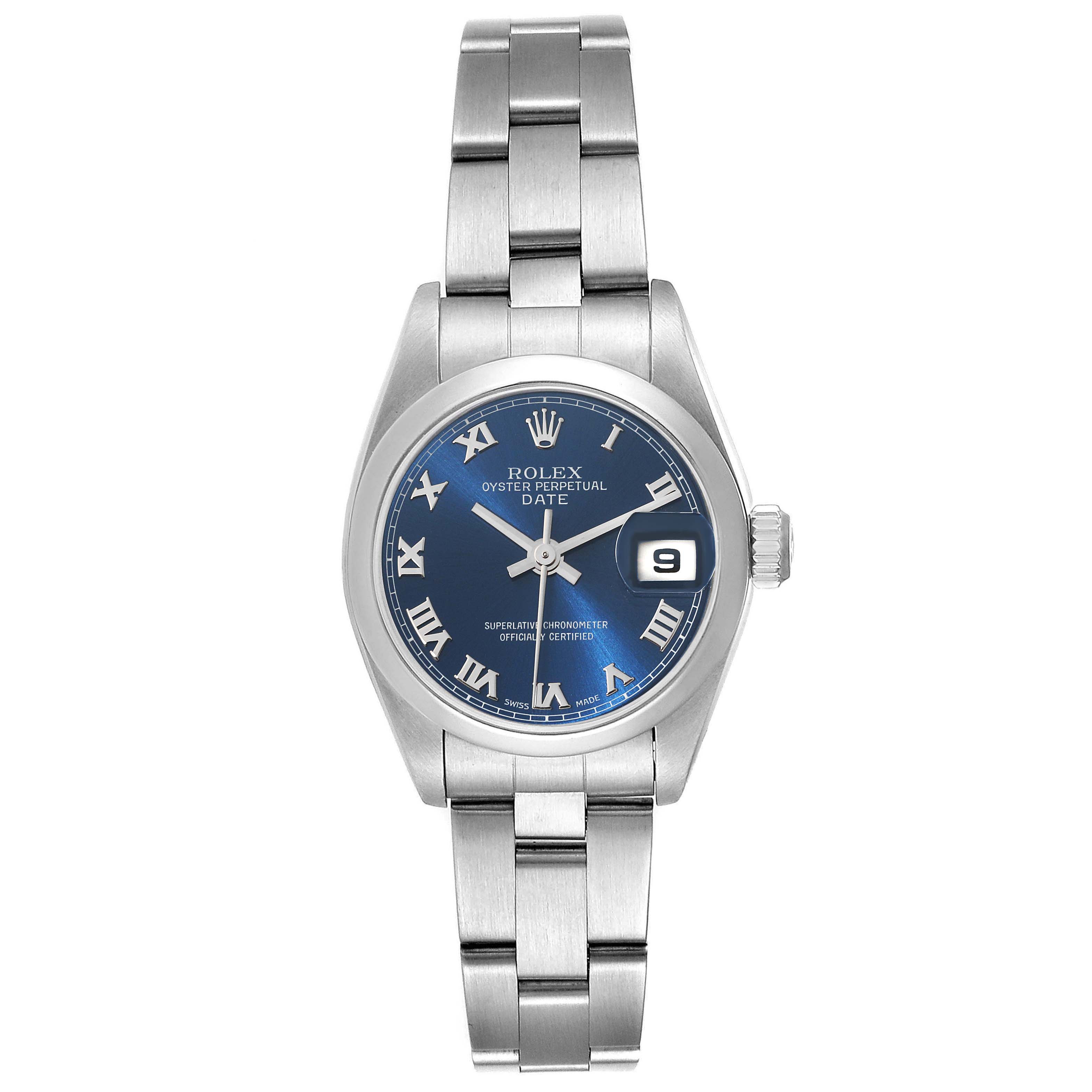 This image shows a front view of the Rolex Date 79160 Women's Stainless Steel Blue Dial 79160 Women's Stainless Steel Blue Dial model watch, showcasing its blue dial, date window, and stainless steel bracelet.