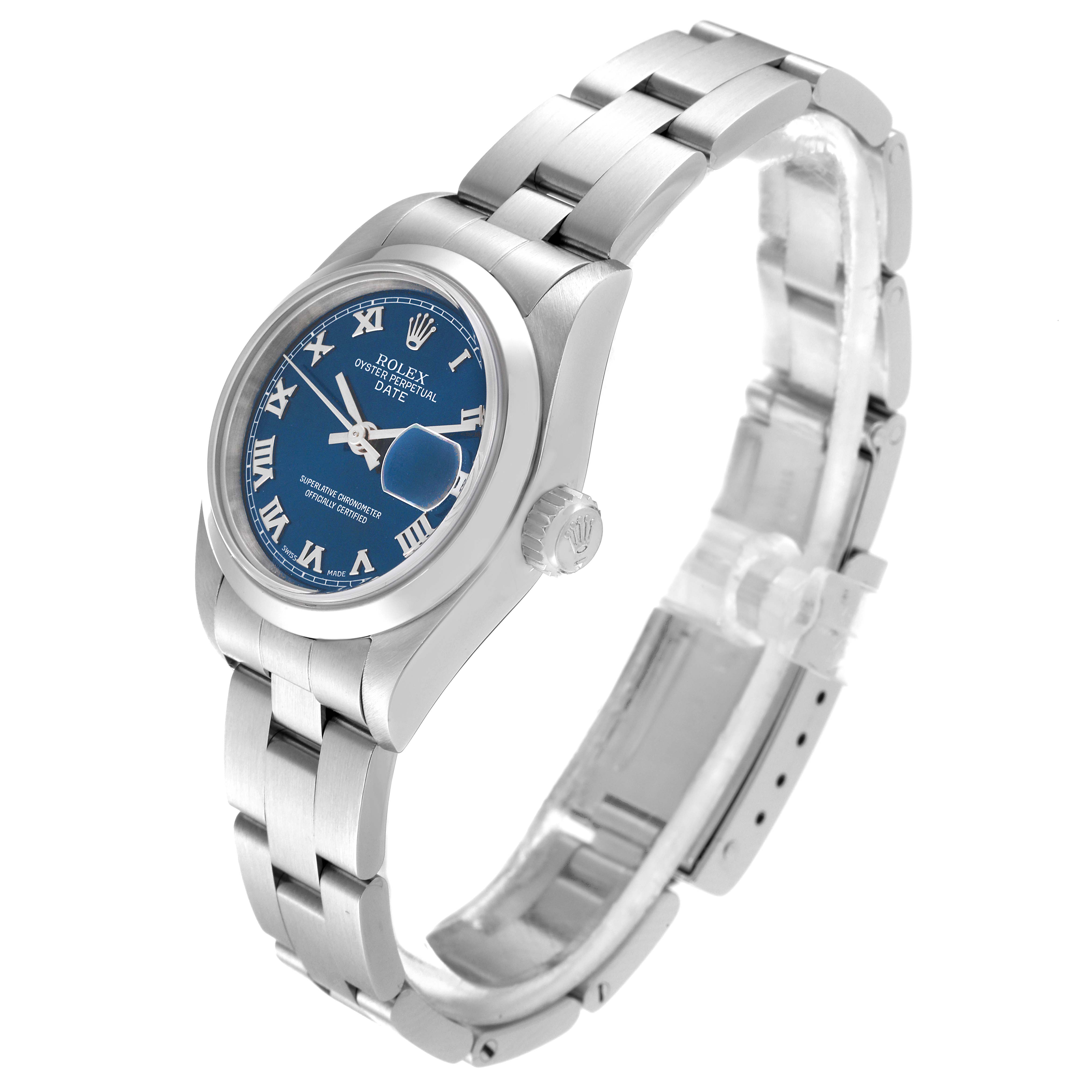 This image shows a Rolex Date 79160 Women's Stainless Steel Blue Dial 79160 Women's Stainless Steel Blue Dial model watch at a 3/4 angle, displaying the face, bracelet, and crown.