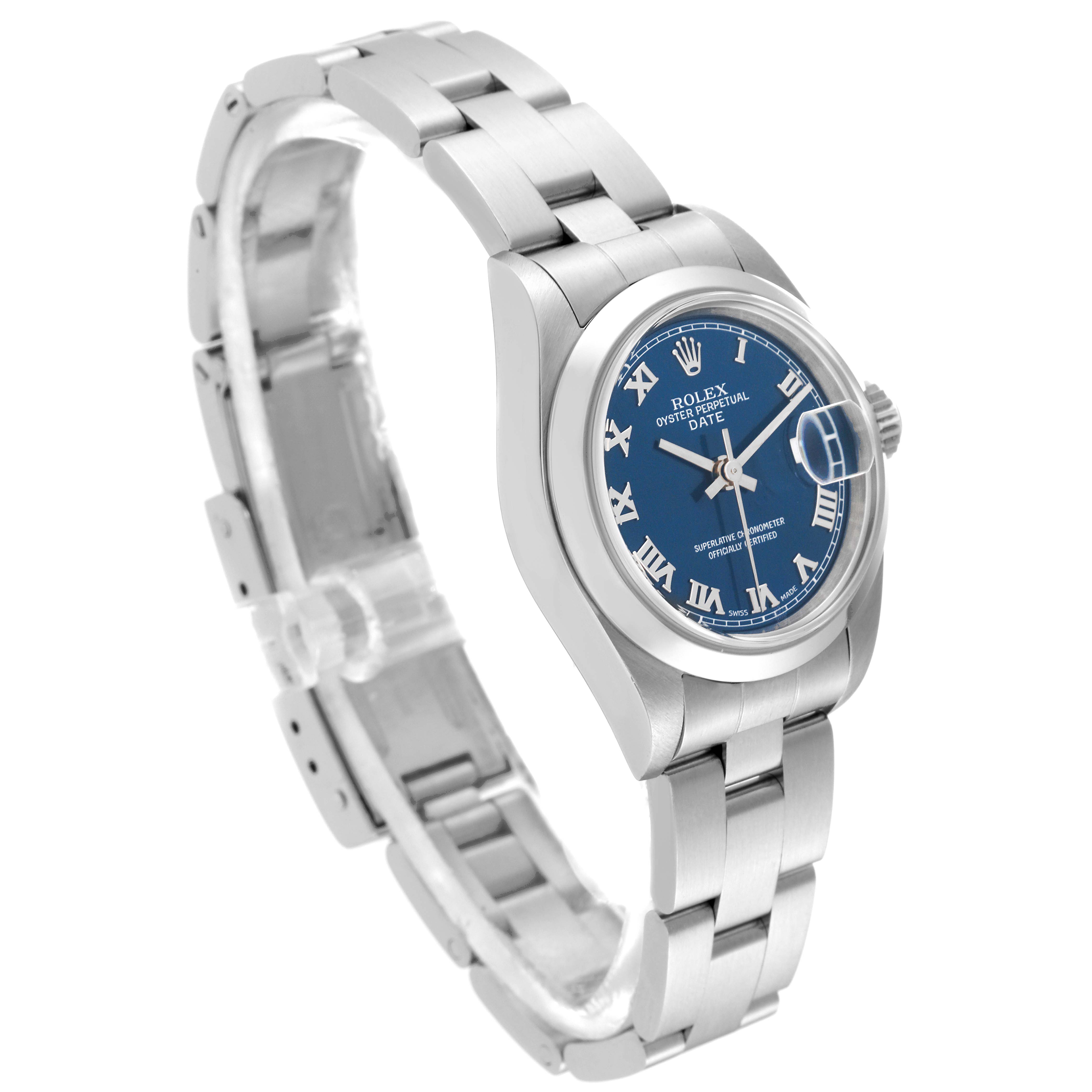 The image shows a side-angle view of a Rolex Date 79160 Women's Stainless Steel Blue Dial 79160 Women's Stainless Steel Blue Dial model watch, highlighting its blue dial, bezel, case, and bracelet.