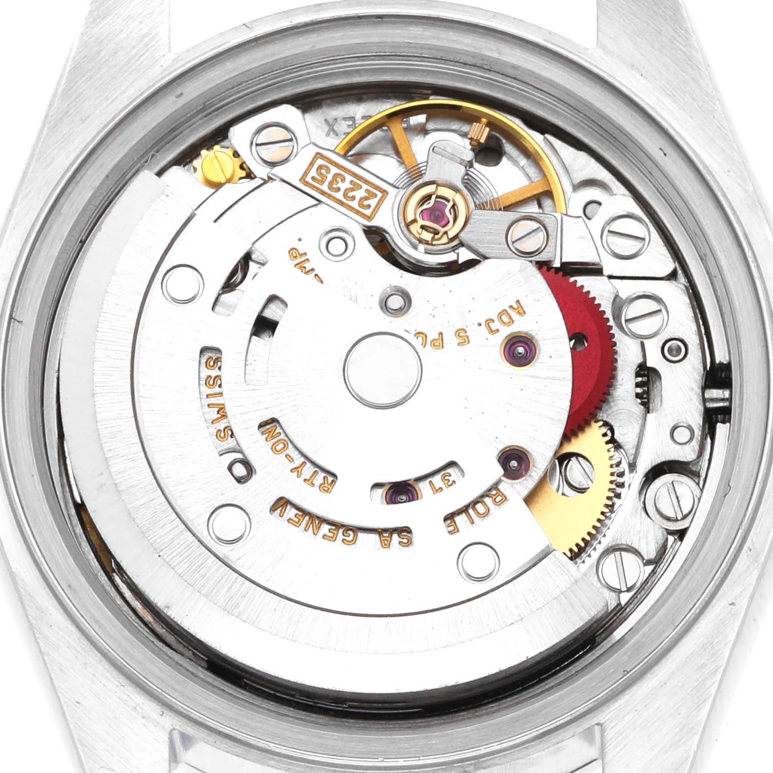 The image shows the inner movement mechanism of the Rolex Date 79160 Women's Stainless Steel Blue Dial 79160 Women's Stainless Steel Blue Dial model watch from the back angle.