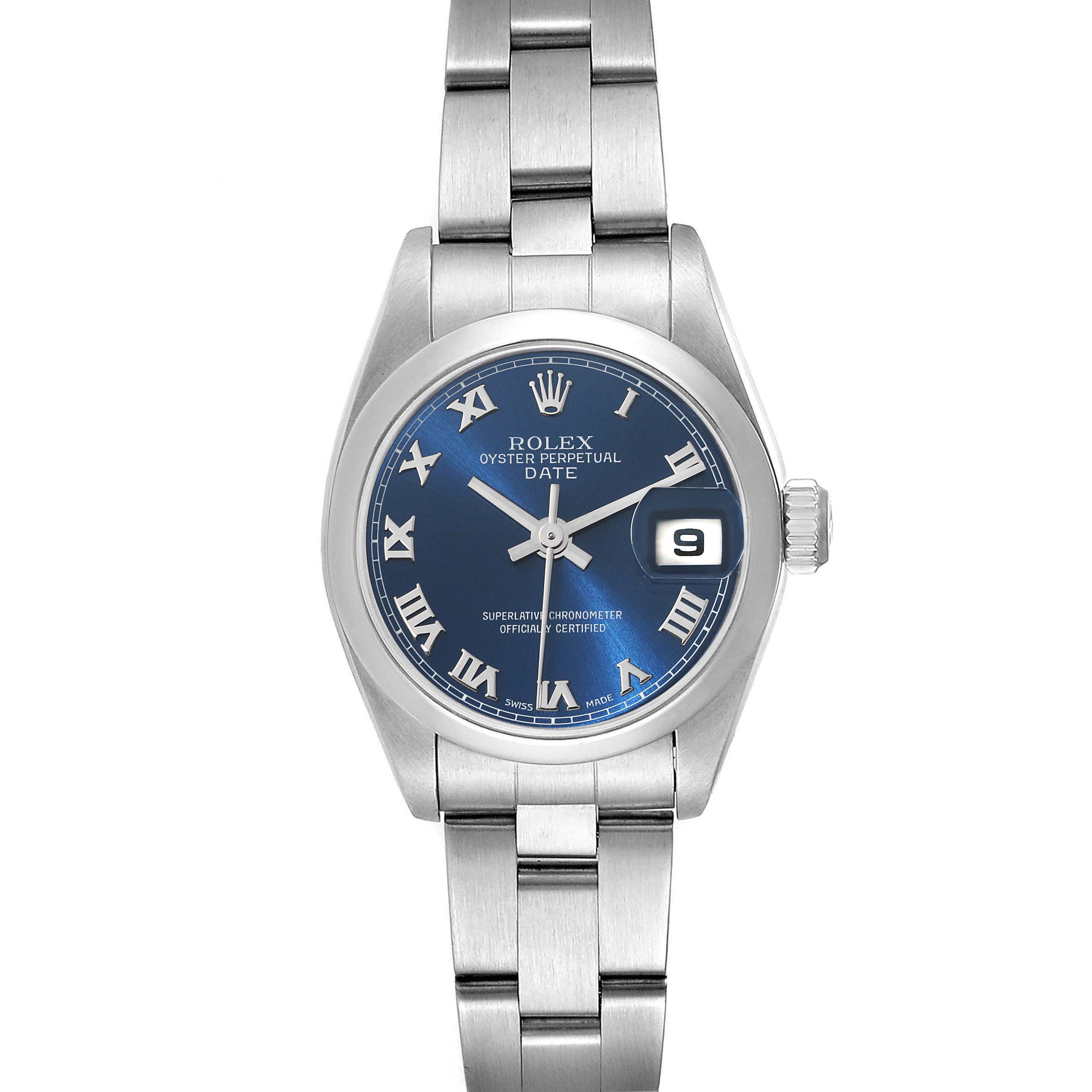 The image shows a front view of a Rolex Date 79160 Women's Stainless Steel Blue Dial 79160 Women's Stainless Steel Blue Dial model watch, highlighting the blue dial, Roman numerals, date window, and bracelet.