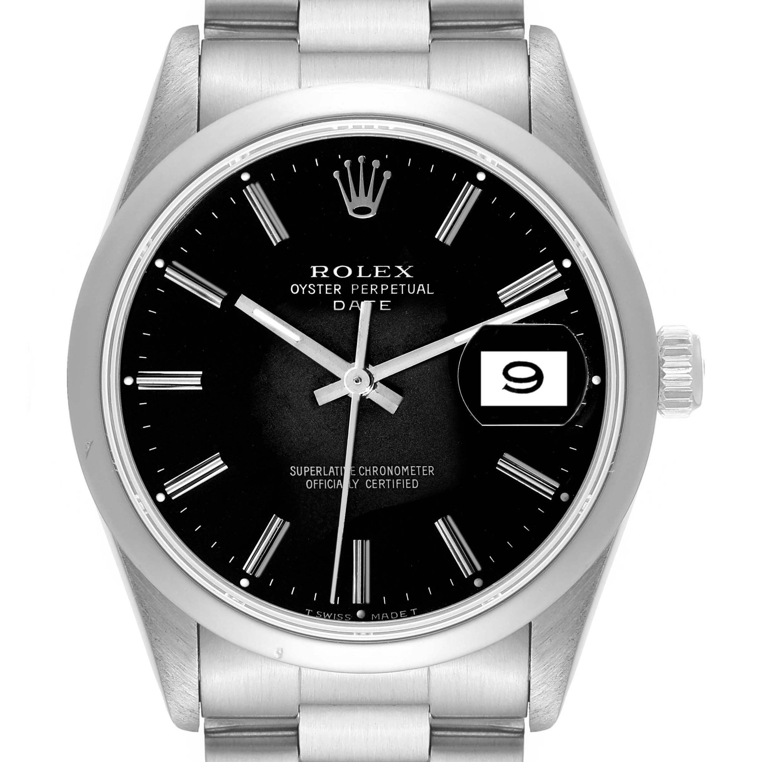 The image shows a frontal view of a Rolex Oyster Perpetual Date watch, highlighting the dial, bezel, crown, and part of the bracelet.