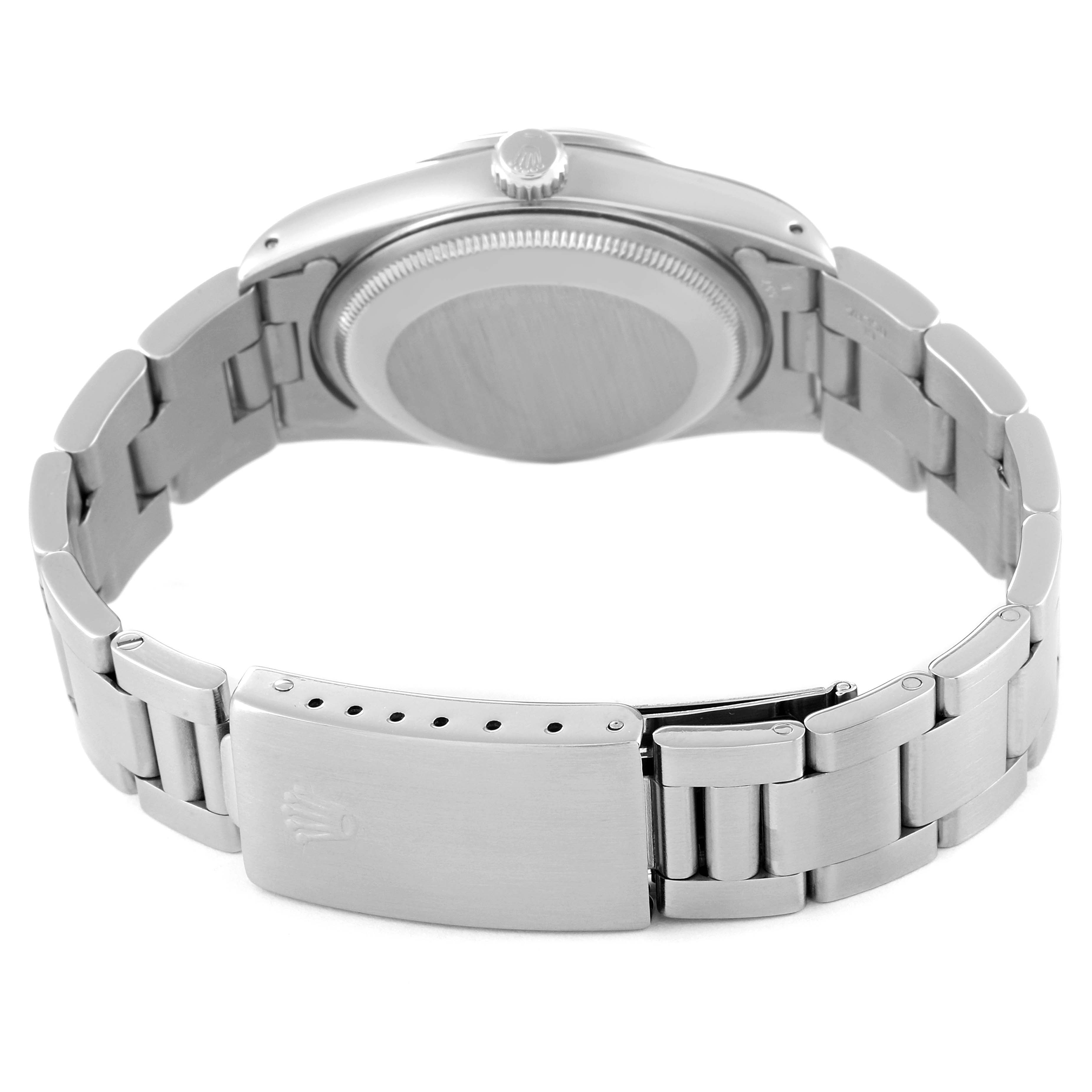 The image shows the back angle of the Rolex Date 15200 Men
s Stainless Steel Black Dial 15200 Men
s Stainless Steel Black Dial model watch, highlighting the case back, bracelet, and clasp.