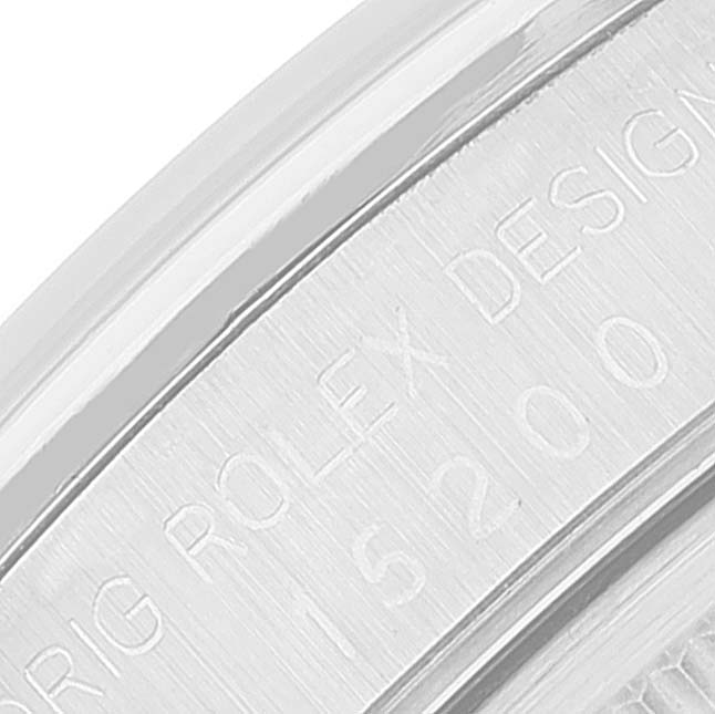 This image shows a close-up of the engraved casing back of a Rolex Date 15200 Men
s Stainless Steel Black Dial 15200 Men
s Stainless Steel Black Dial model watch.