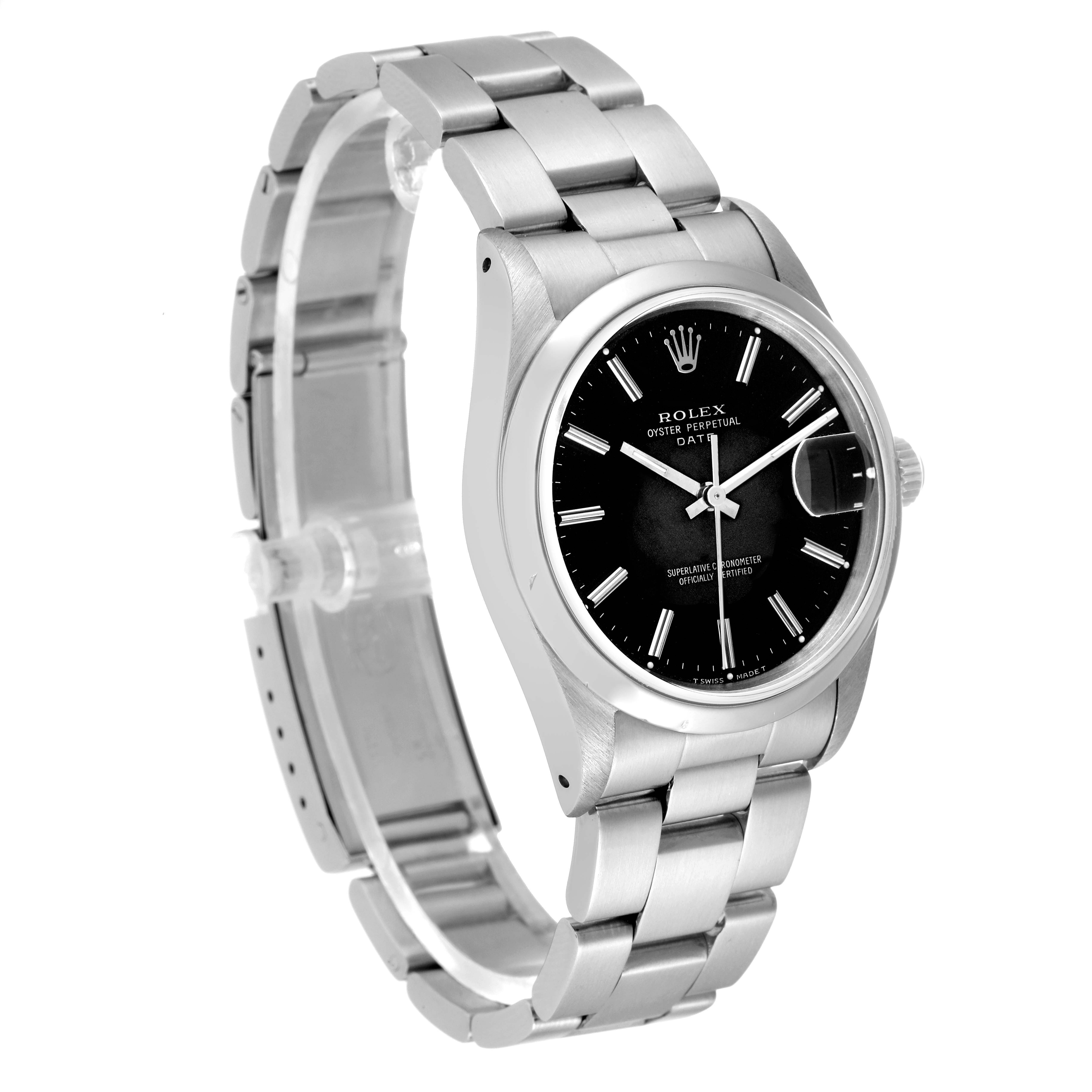 This image shows a side view of a Rolex Date 15200 Men
s Stainless Steel Black Dial 15200 Men
s Stainless Steel Black Dial model watch, highlighting the black dial, bezel, and stainless steel bracelet.