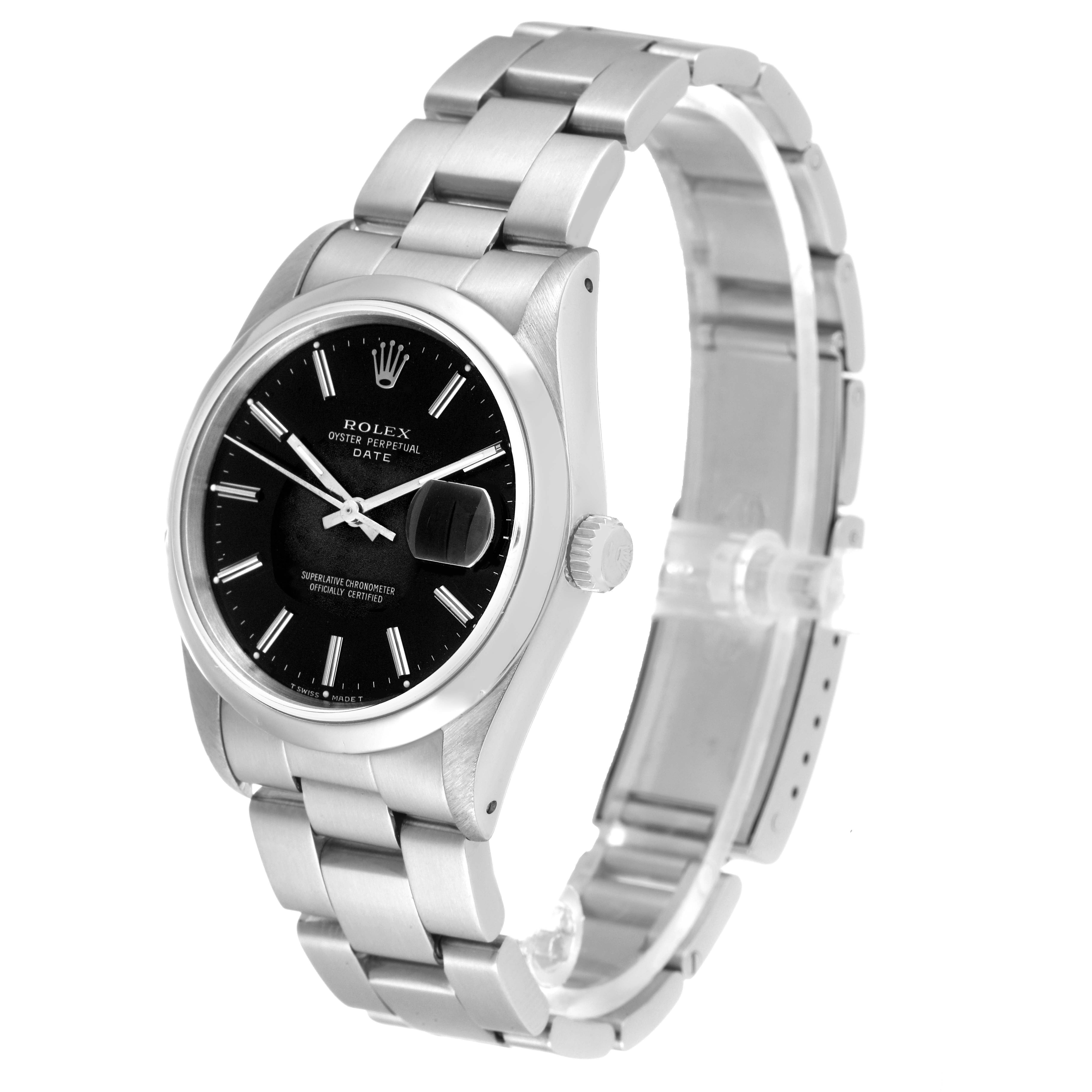 The image shows a Rolex Date 15200 Men
s Stainless Steel Black Dial 15200 Men
s Stainless Steel Black Dial model watch from an angled side view, highlighting the case, dial, crown, and bracelet.