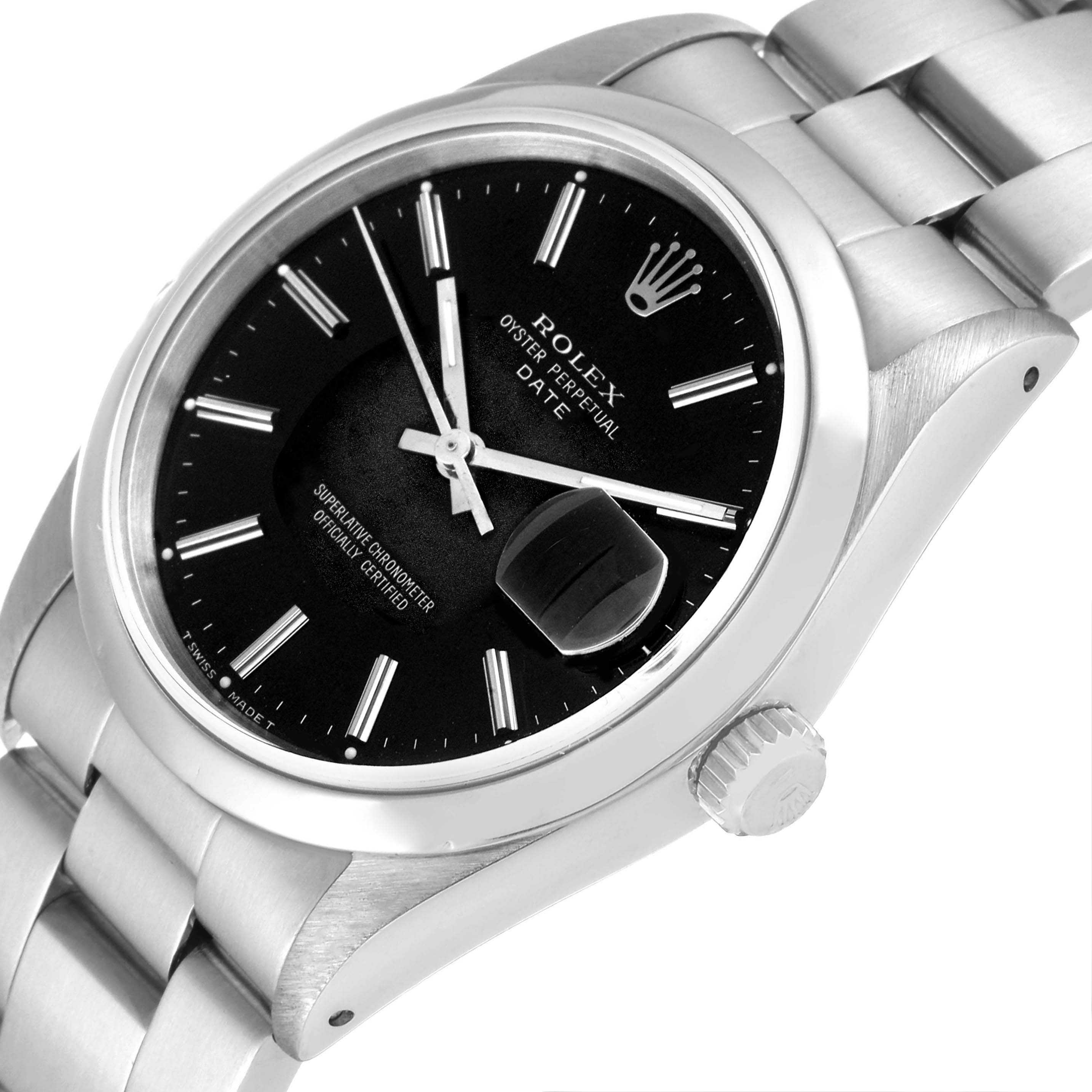 The image shows a close-up, angled view of a Rolex Date 15200 Men
s Stainless Steel Black Dial 15200 Men
s Stainless Steel Black Dial model, highlighting the black dial, date window, crown, and part of the bracelet.