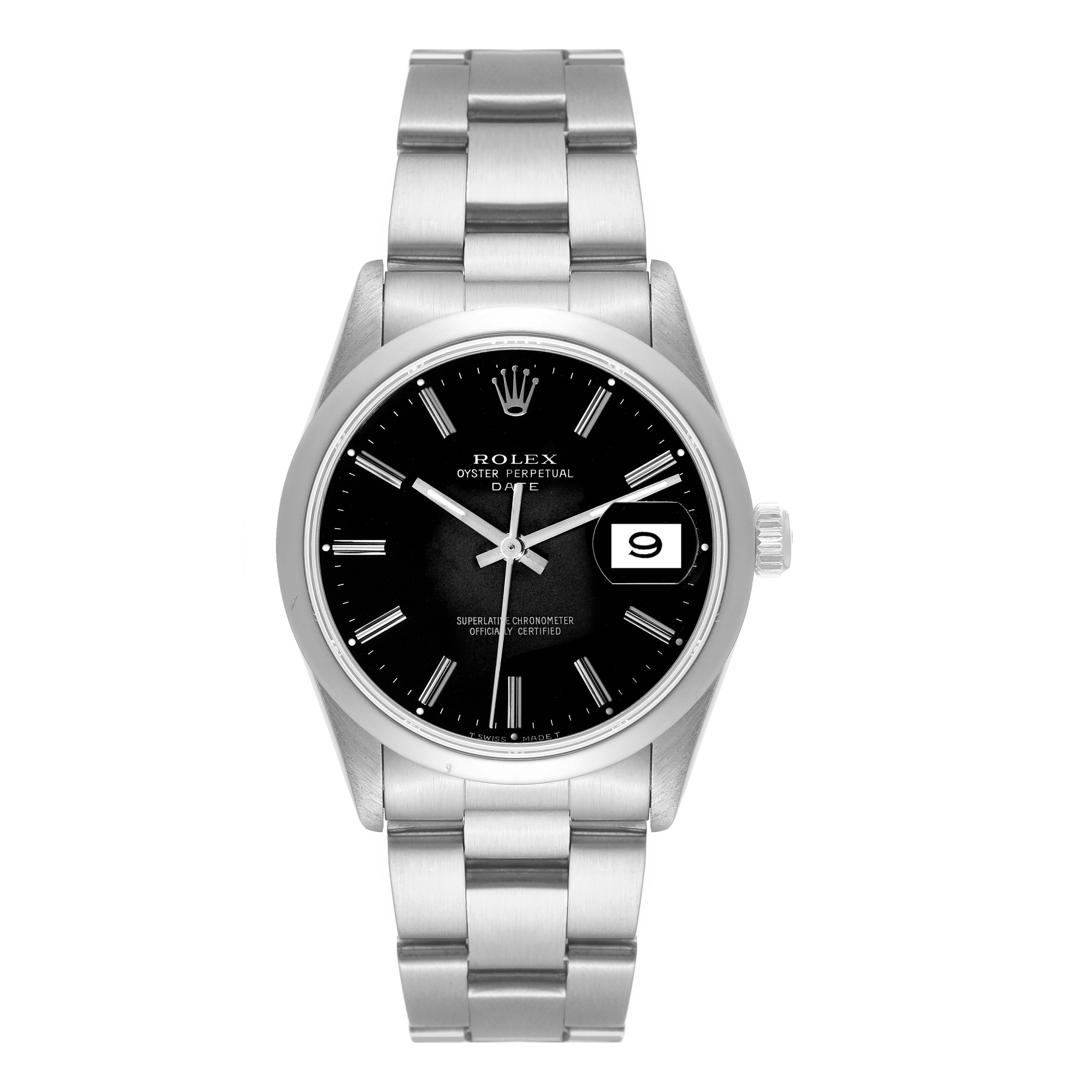 The Rolex Date 15200 Men
s Stainless Steel Black Dial 15200 Men
s Stainless Steel Black Dial model watch is shown from a front angle, displaying its black dial, stainless steel band, and date window.