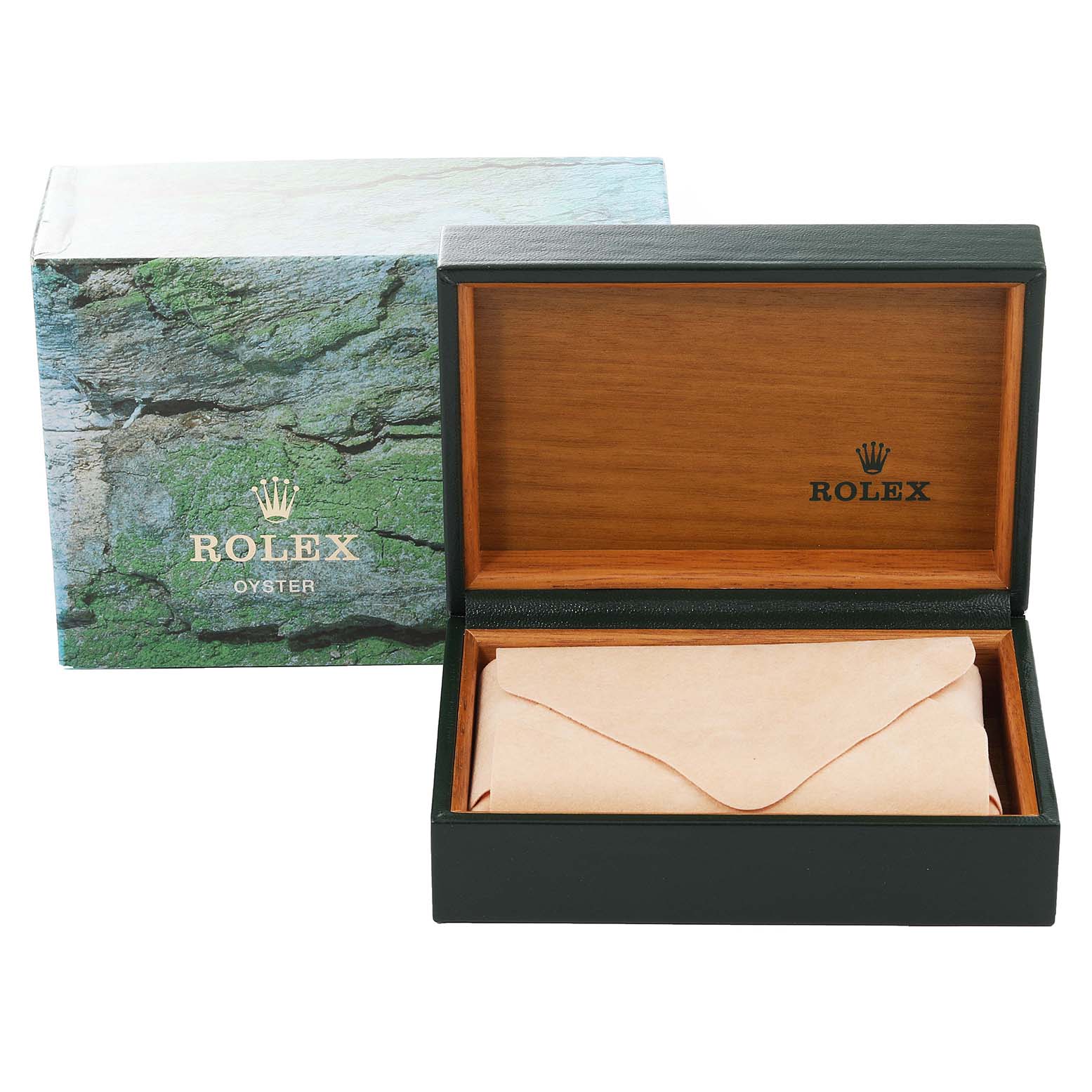 The image shows a Rolex Date 15200 Men
s Stainless Steel Black Dial 15200 Men
s Stainless Steel Black Dial model watch box and cover, with the box open and containing a leather envelope.