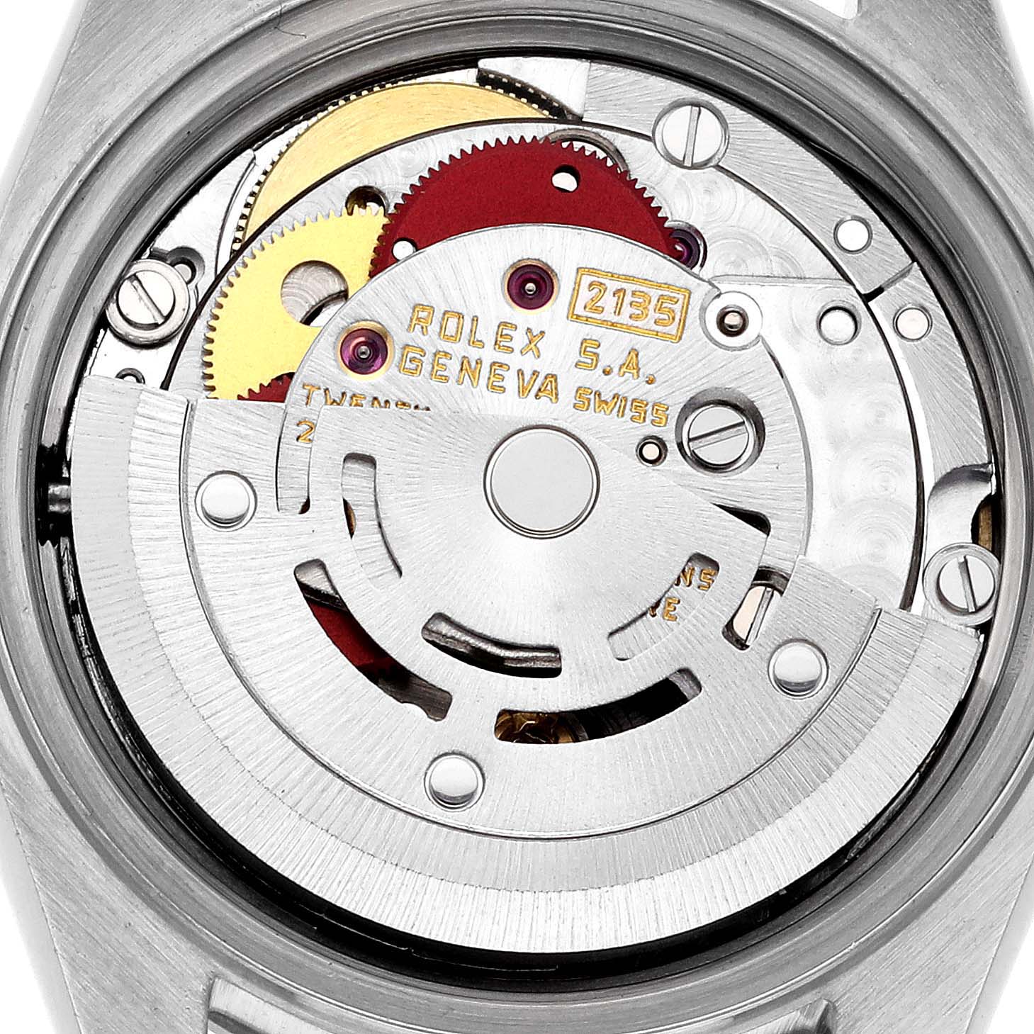 This image shows the internal mechanism of a Rolex Date 69240 Women
s Stainless Steel Blue Dial 69240 Women
s Stainless Steel Blue Dial model watch from a rear angle, highlighting the movement components.