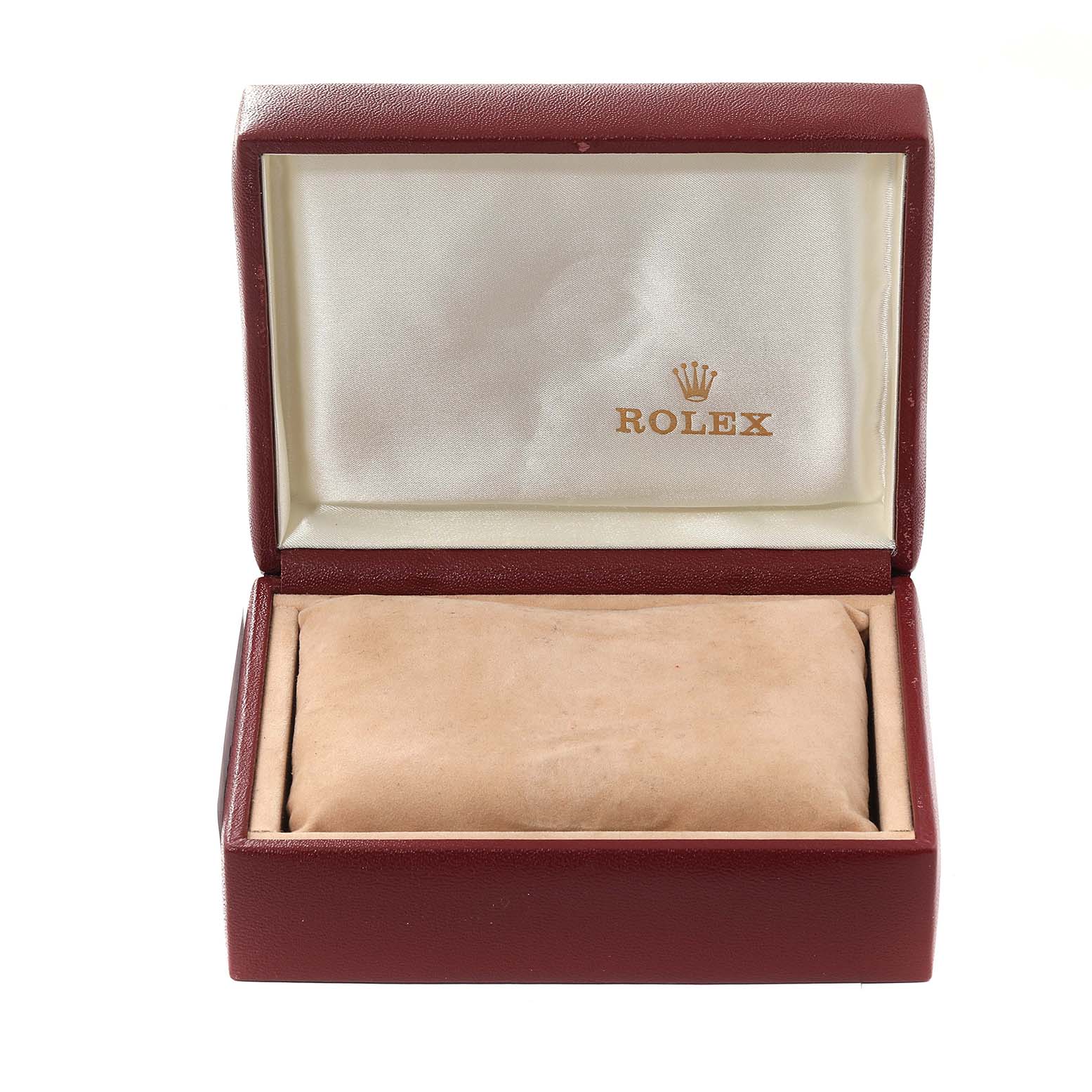 The image shows an open maroon Rolex watch box for the Date model, with a beige cushion inside and a logo on the lid.