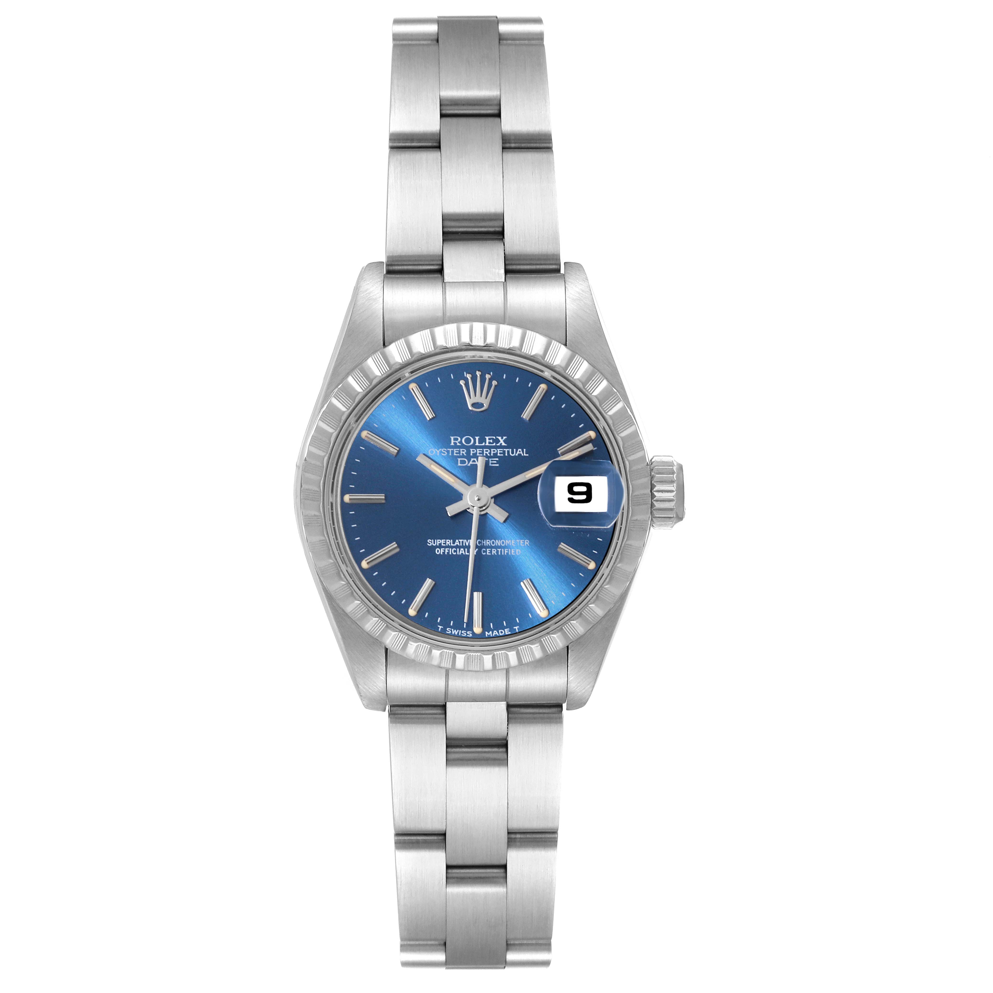 This image shows a Rolex Date 69240 Women
s Stainless Steel Blue Dial 69240 Women
s Stainless Steel Blue Dial model watch from a front view, highlighting its blue dial, stainless steel case, and bracelet.