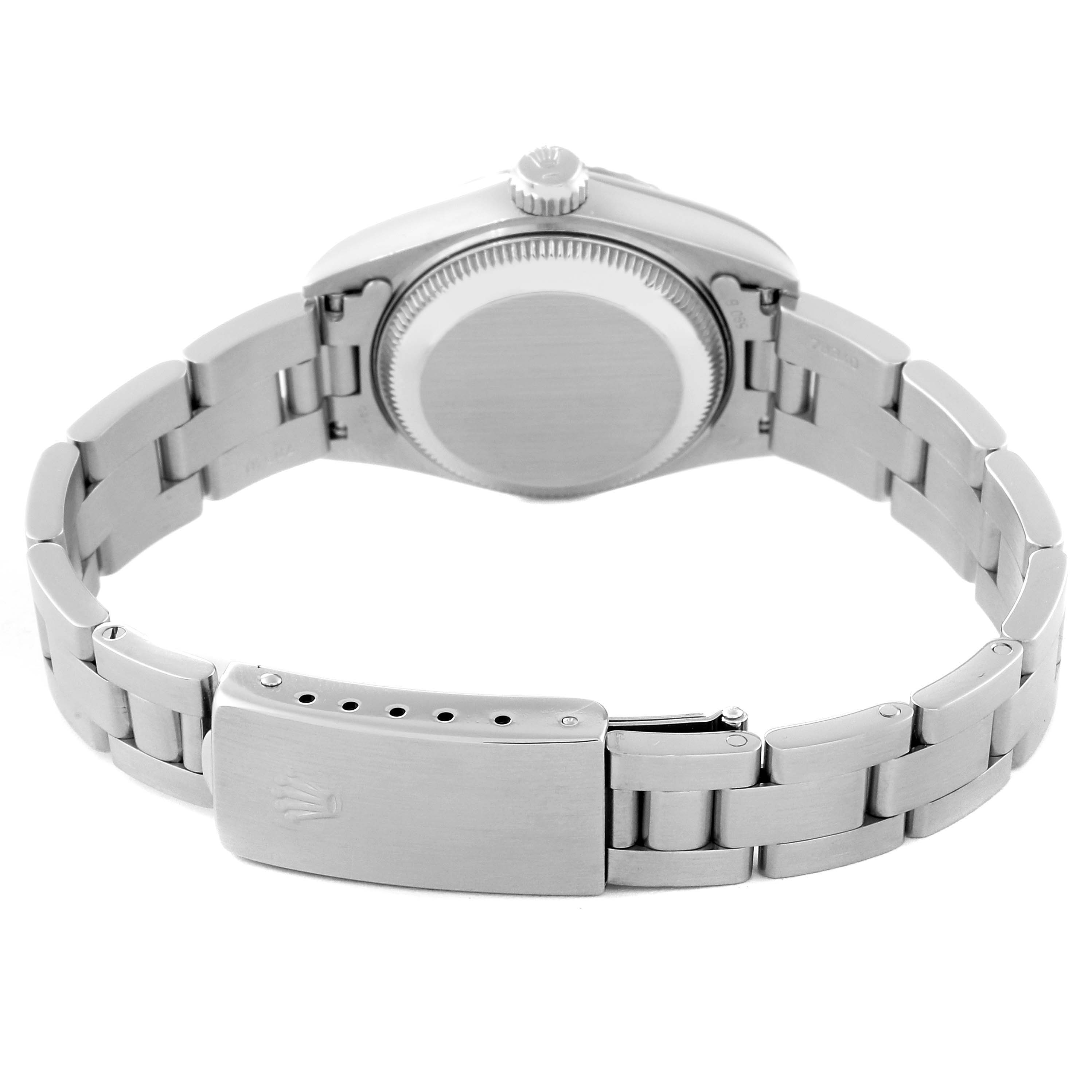 This image shows the case back and bracelet of a Rolex Date 69240 Women
s Stainless Steel Blue Dial 69240 Women
s Stainless Steel Blue Dial model watch, viewed from the rear.