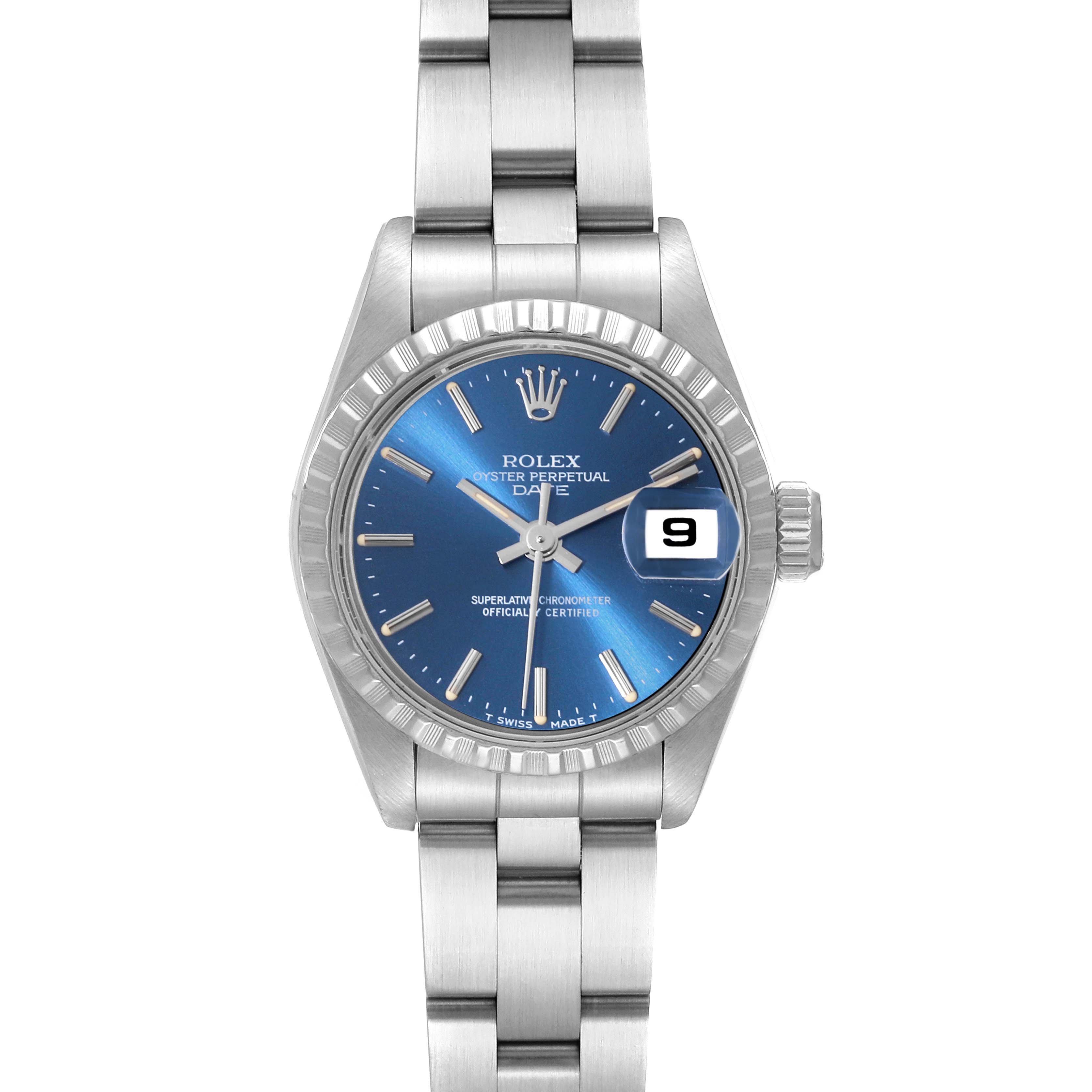 The Rolex Date 69240 Women
s Stainless Steel Blue Dial 69240 Women
s Stainless Steel Blue Dial model is shown from a front angle, displaying the bracelet, case, dial, hands, and date window.