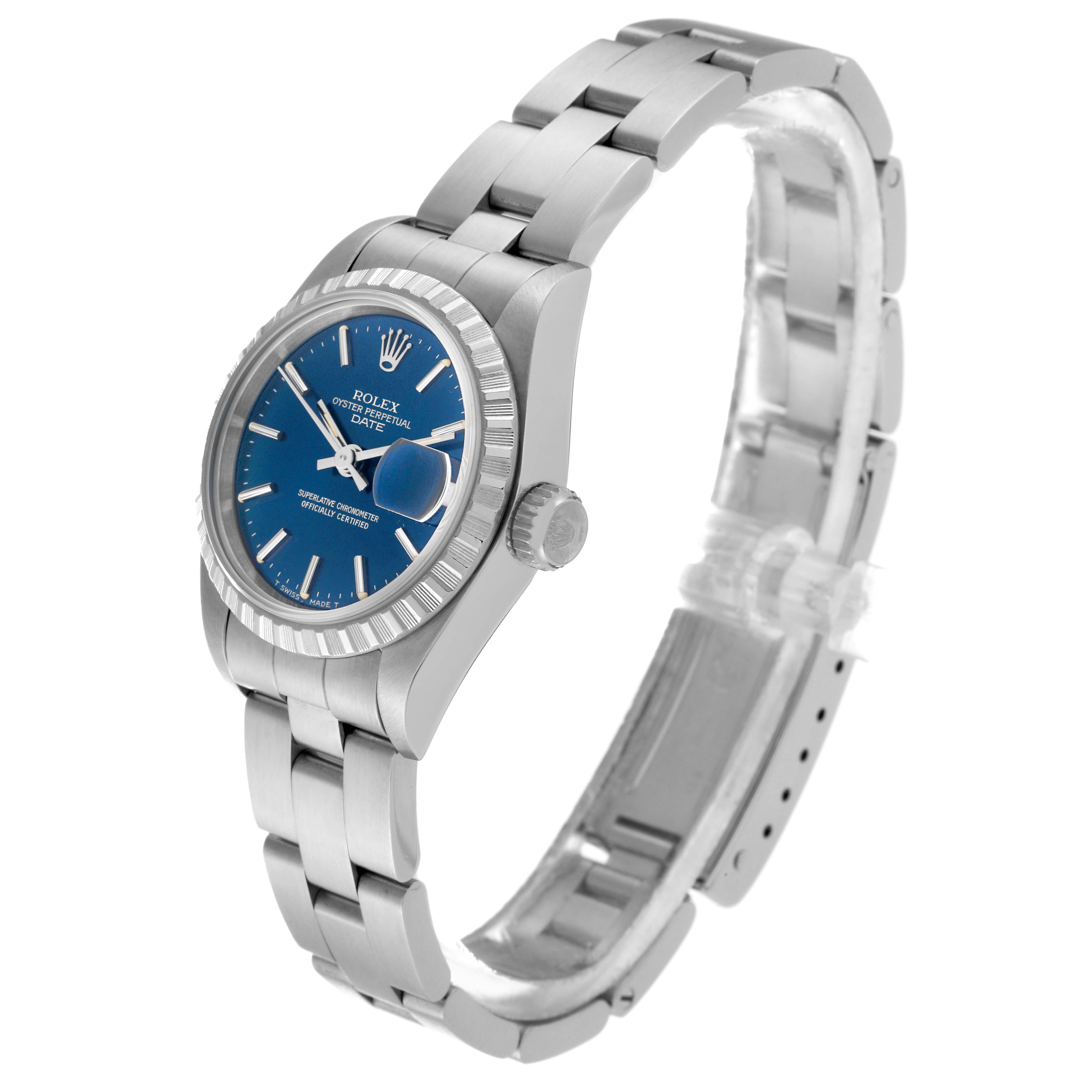 The image shows a Rolex Date 69240 Women
s Stainless Steel Blue Dial 69240 Women
s Stainless Steel Blue Dial model watch at a three-quarter angle, highlighting its dial, crown, and bracelet.