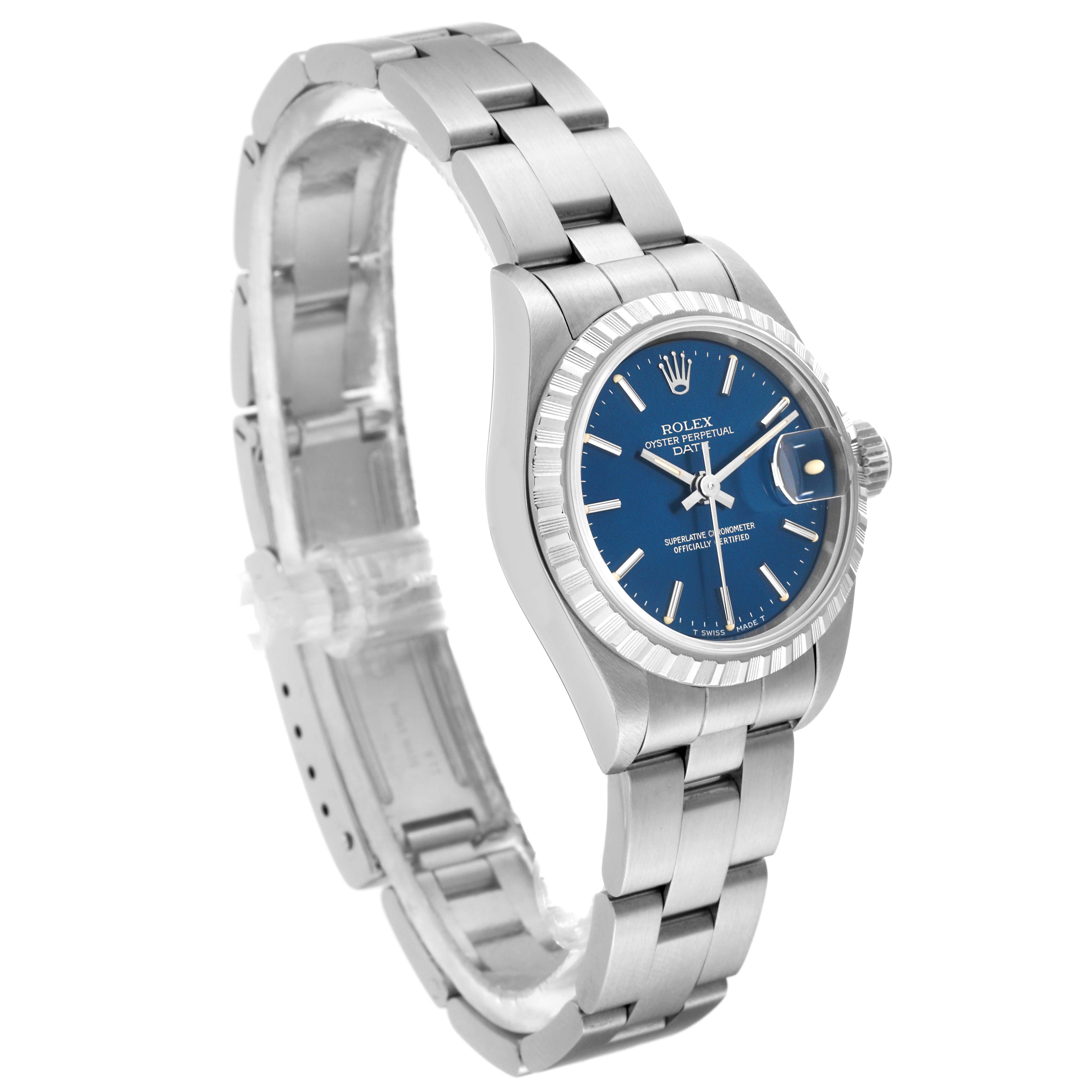 The image shows a side angle of the Rolex Date 69240 Women
s Stainless Steel Blue Dial 69240 Women
s Stainless Steel Blue Dial model, highlighting its blue dial, bezel, crown, and bracelet.