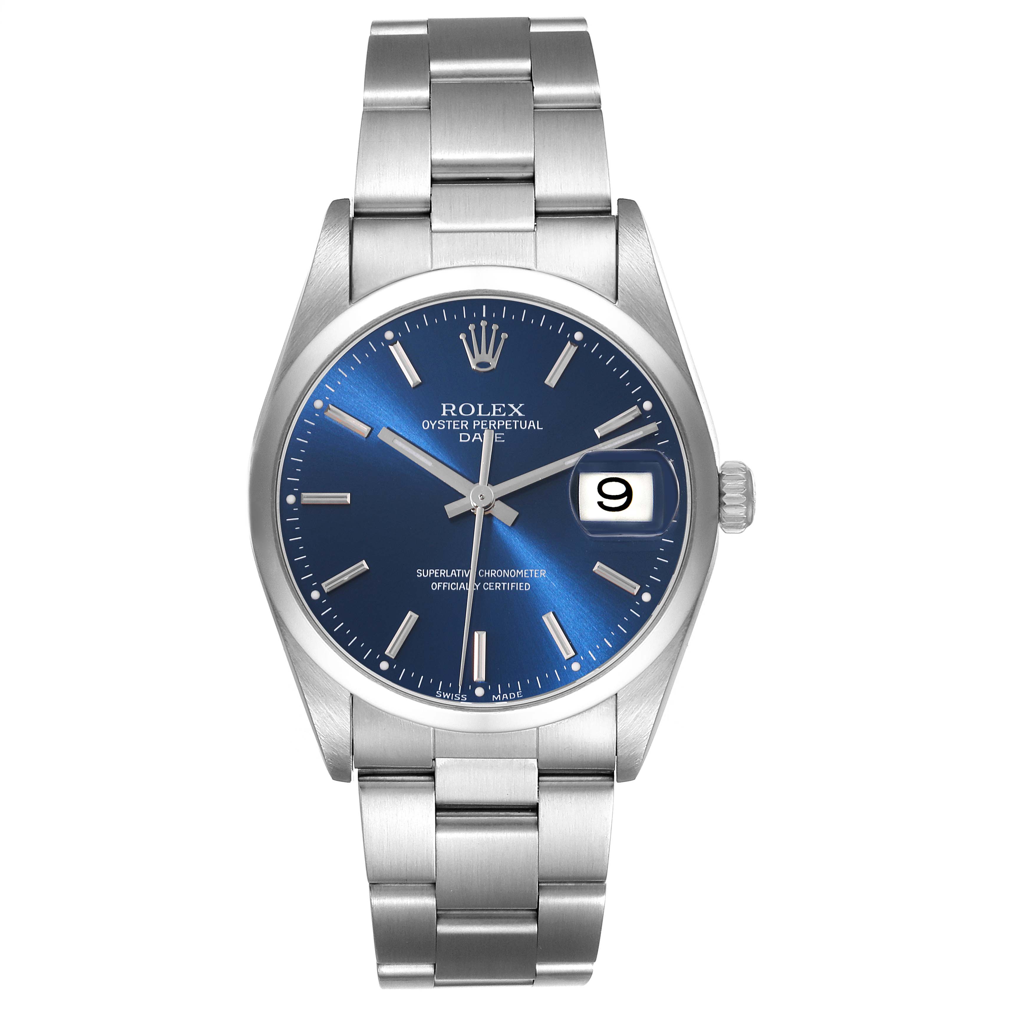 This image shows a front view of a Rolex Date 15200 Men's Stainless Steel Blue Dial 15200 Men's Stainless Steel Blue Dial model watch, featuring a blue dial, stainless steel bracelet, and date display.
