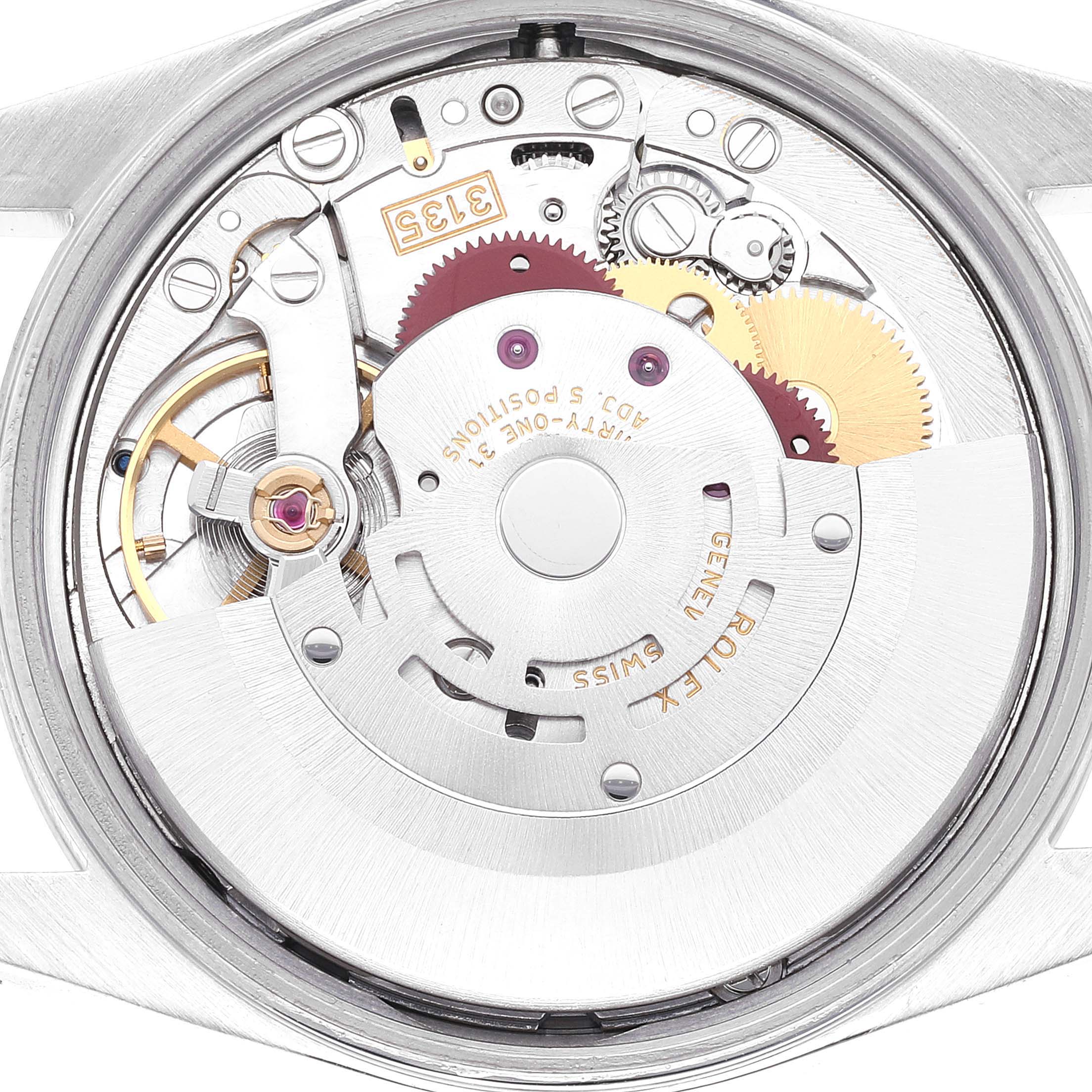 The image shows the internal mechanical components of a Rolex Date 15200 Men's Stainless Steel Blue Dial 15200 Men's Stainless Steel Blue Dial model watch, viewed from the case back.