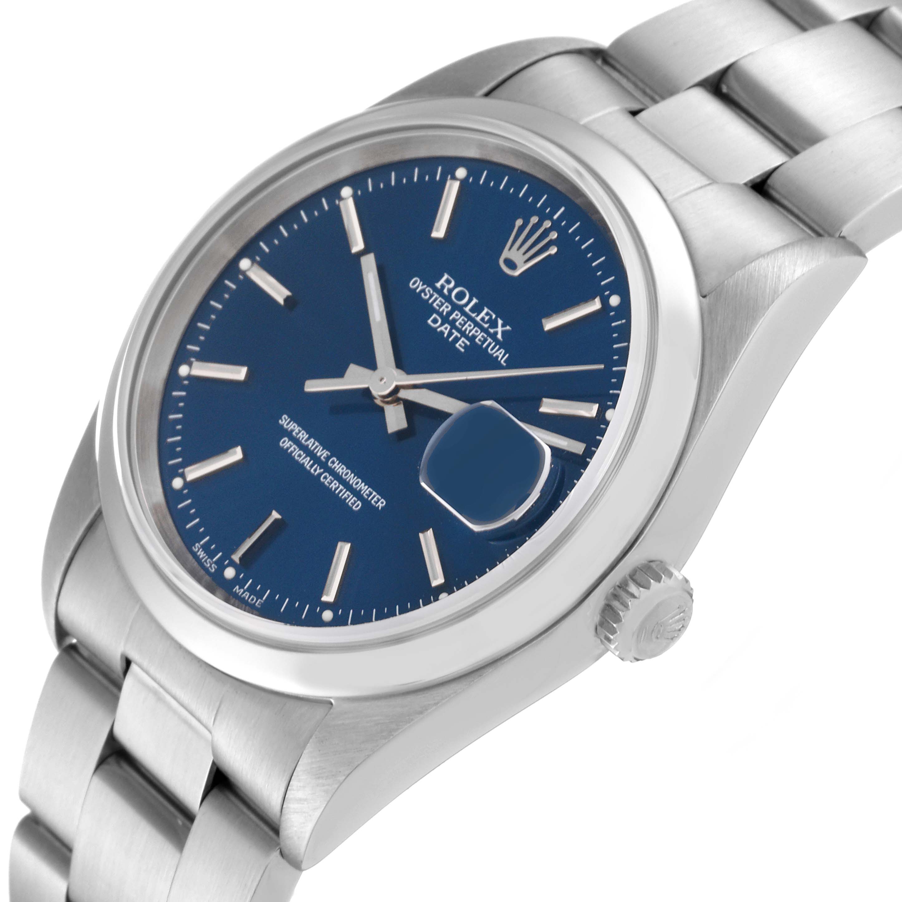 This image shows a close-up angled view of a Rolex Date 15200 Men's Stainless Steel Blue Dial 15200 Men's Stainless Steel Blue Dial model watch, highlighting the dial, bezel, case, and part of the bracelet.