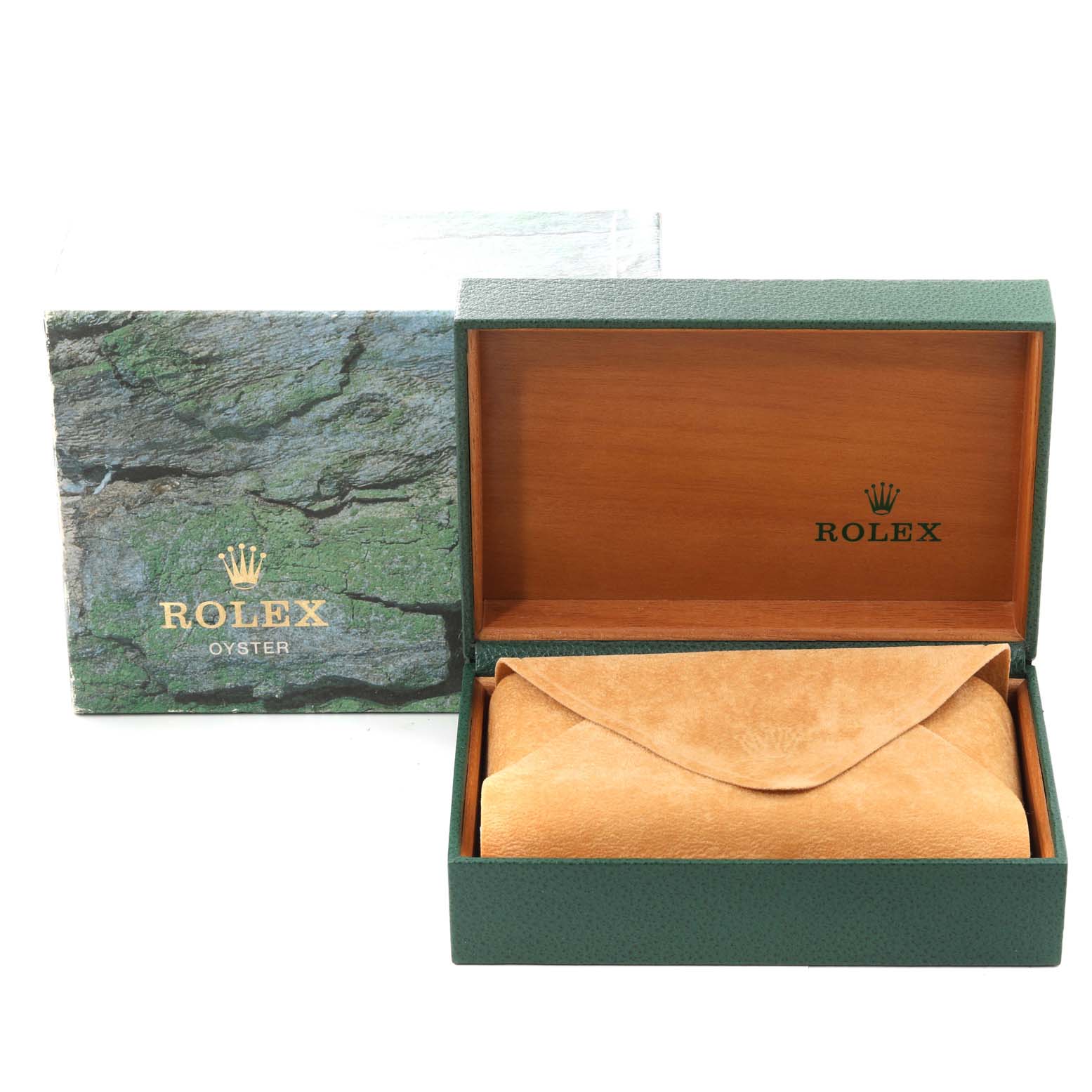 The image shows the packaging of a Rolex Date 15200 Men's Stainless Steel Blue Dial 15200 Men's Stainless Steel Blue Dial model, including a green box, a wooden interior, and a leather pouch.