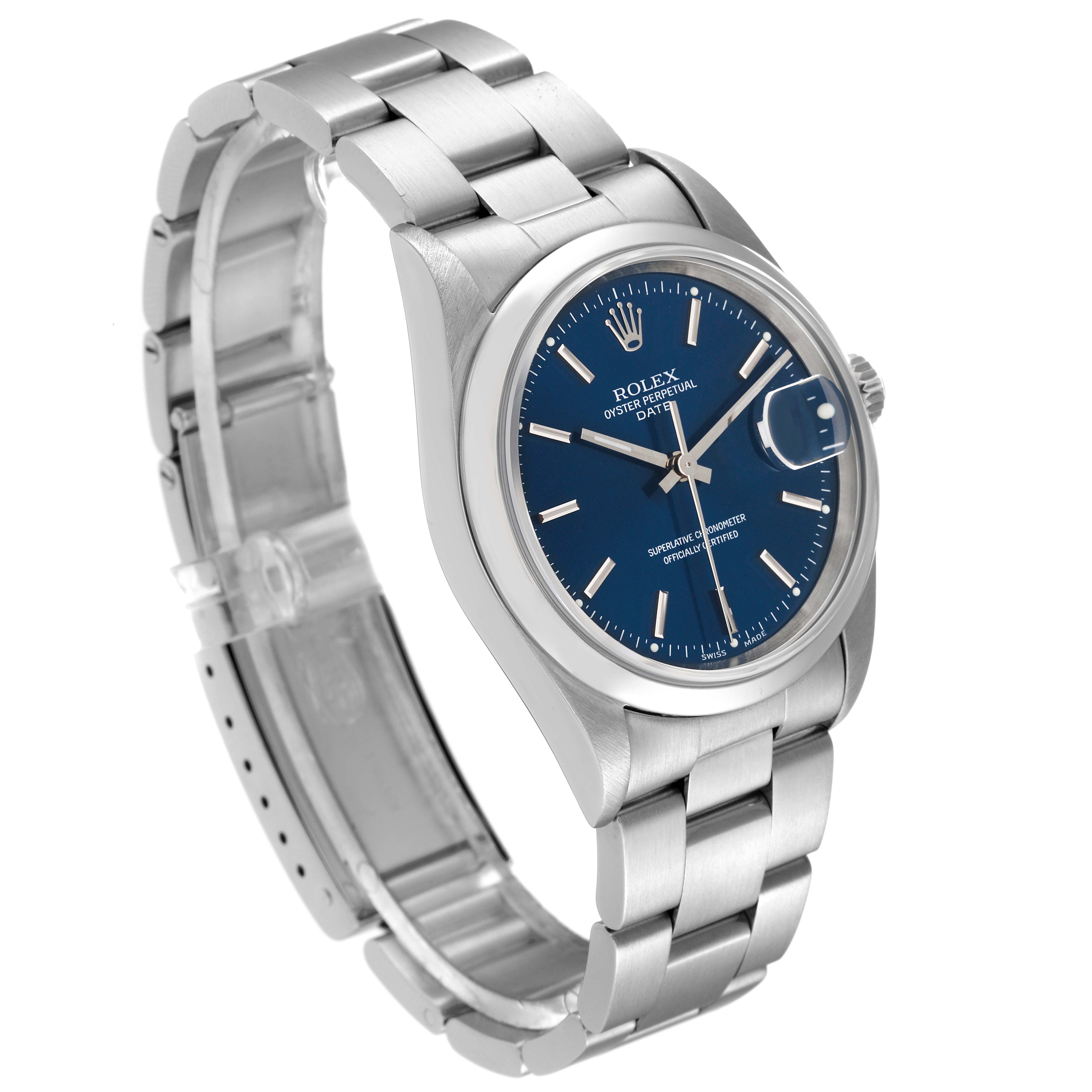 The Rolex Date 15200 Men's Stainless Steel Blue Dial 15200 Men's Stainless Steel Blue Dial model watch is shown at a three-quarter angle, displaying the face, bezel, bracelet, and part of the clasp.
