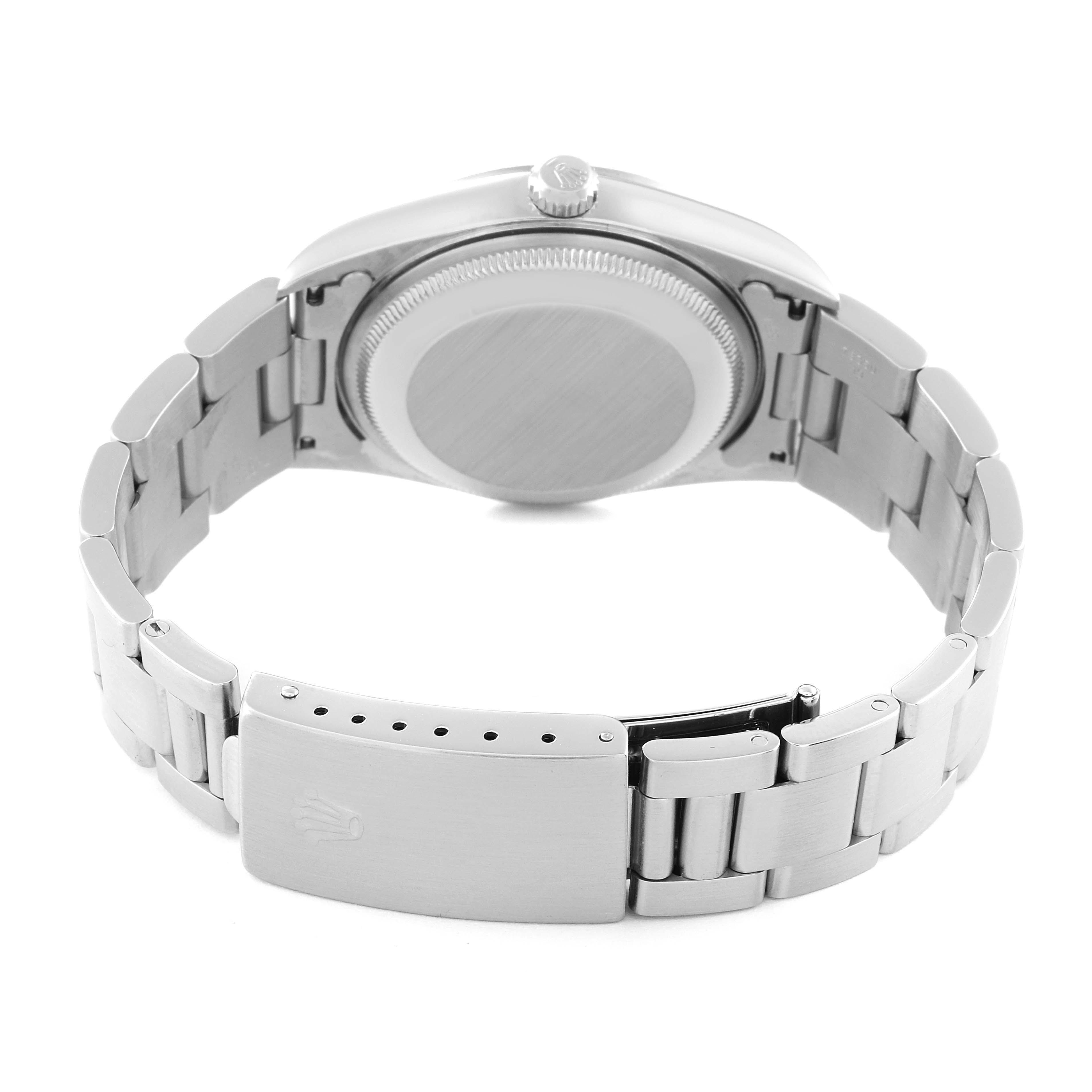 This image shows the back view of a Rolex Date 15200 Men's Stainless Steel Blue Dial 15200 Men's Stainless Steel Blue Dial model watch, highlighting its bracelet, clasp, case back, and crown.