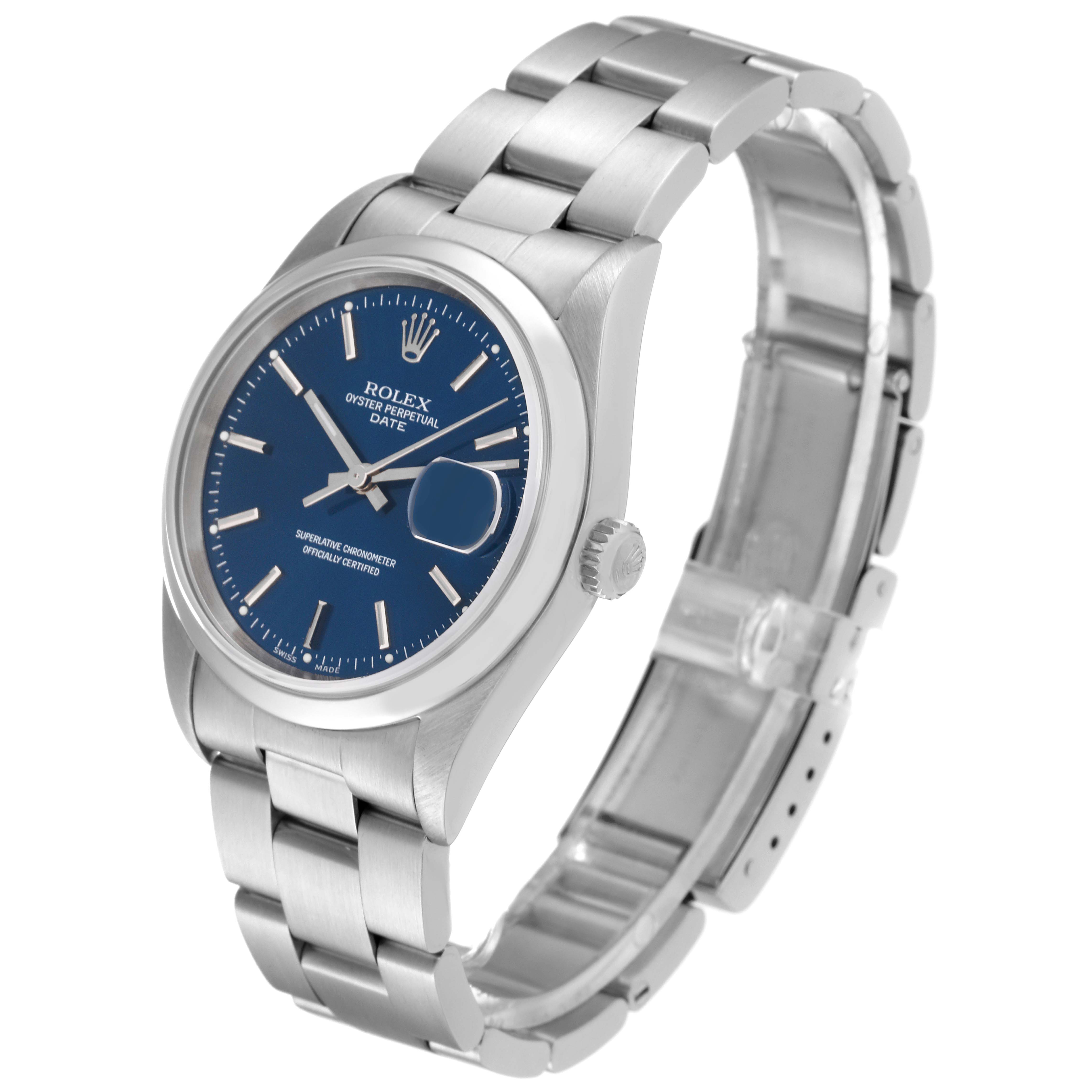 The Rolex Date 15200 Men's Stainless Steel Blue Dial 15200 Men's Stainless Steel Blue Dial model watch is shown at a three-quarter angle, displaying its blue dial, bracelet, and crown.