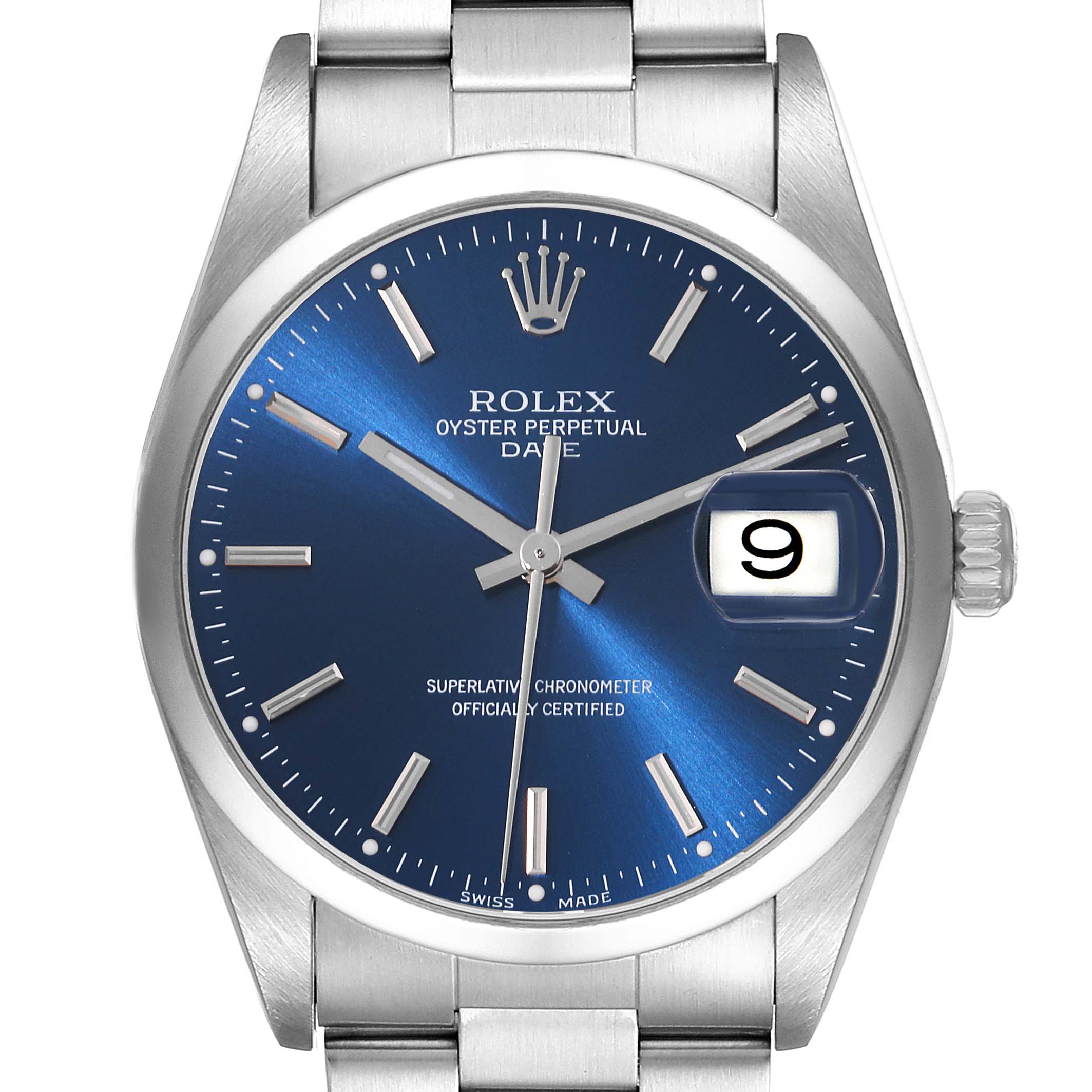 This Rolex Date 15200 Men's Stainless Steel Blue Dial 15200 Men's Stainless Steel Blue Dial model is shown from a frontal angle, highlighting its blue dial, silver hour markers, and date window at 3 o'clock.