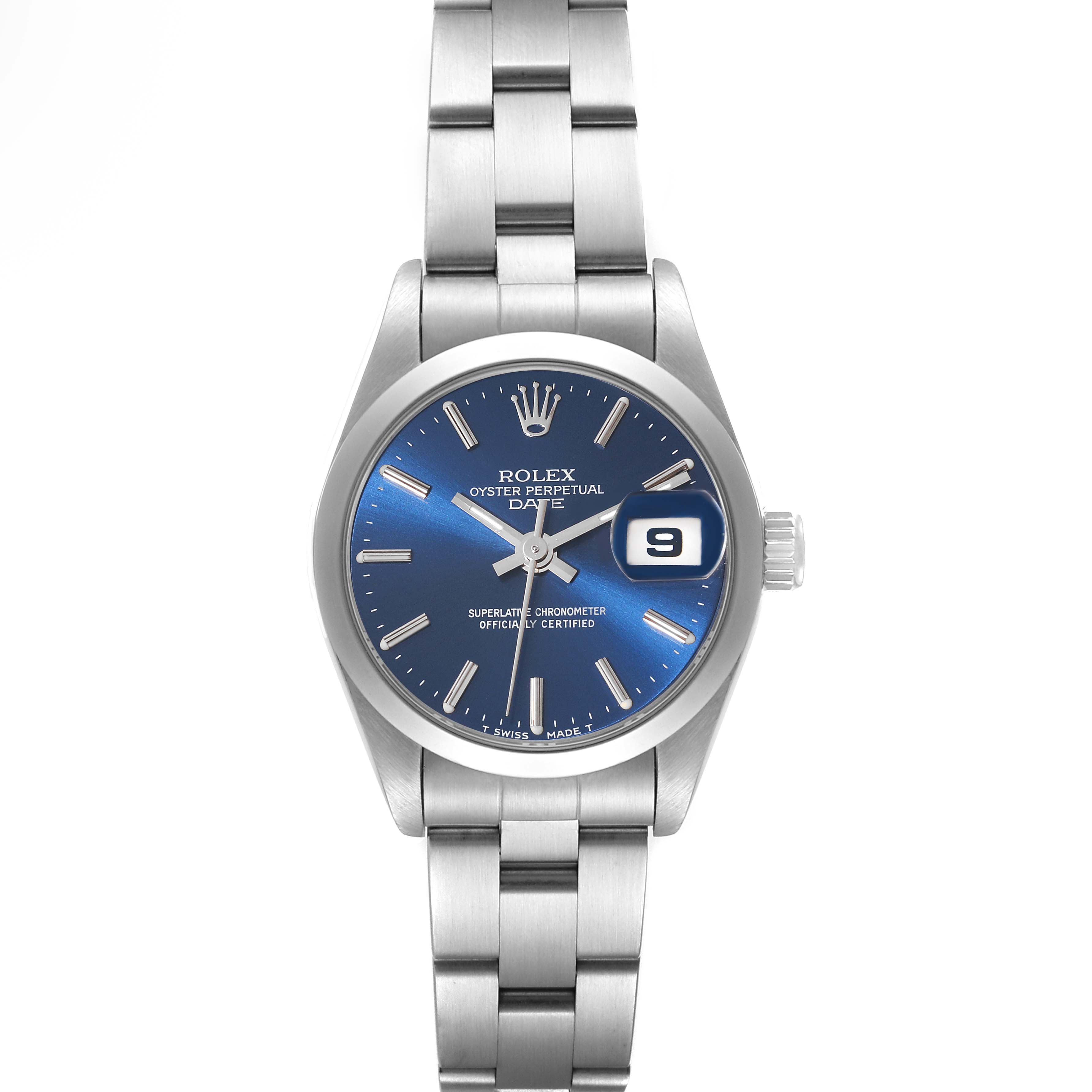 The image shows a front view of a Rolex Oyster Perpetual Date model watch, highlighting the blue dial, date window, and metal bracelet.
