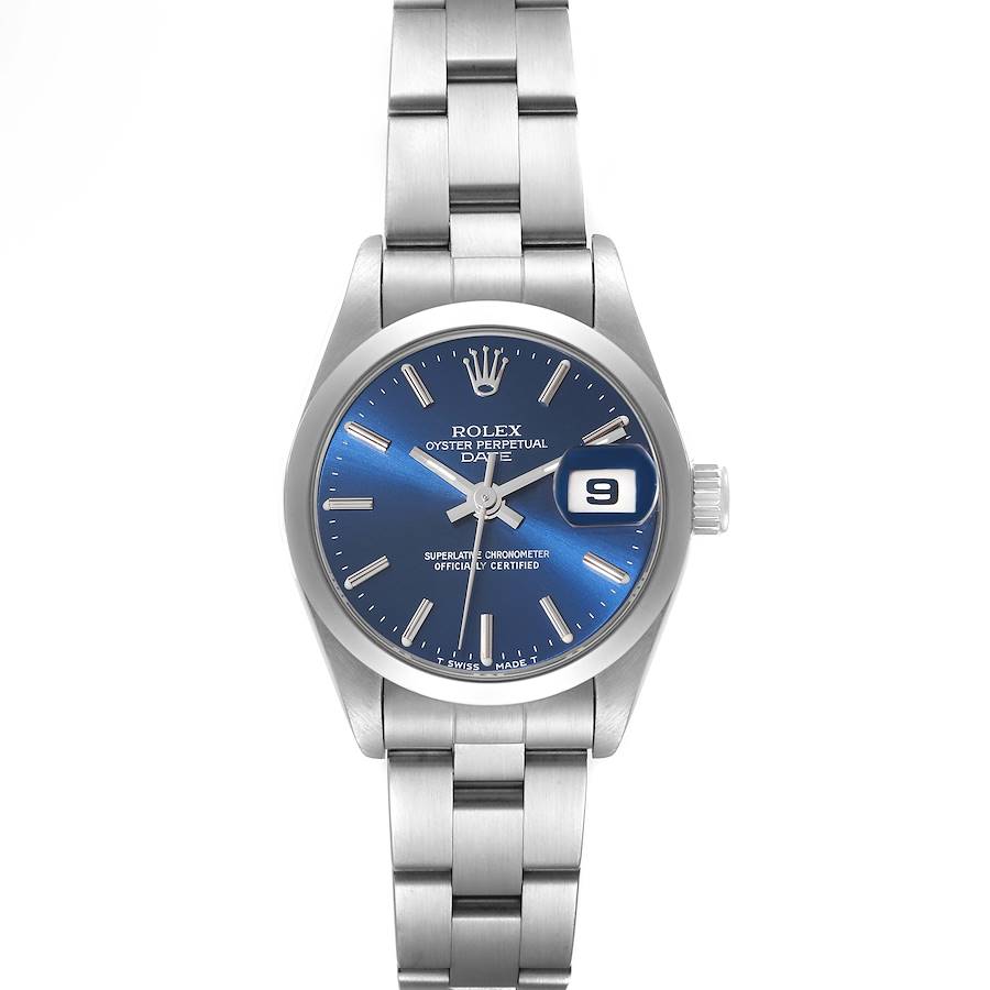 Rolex Date Blue Dial Smooth Bezel Steel Oyster Bracelet Ladies Watch 69160 SwissWatchExpo