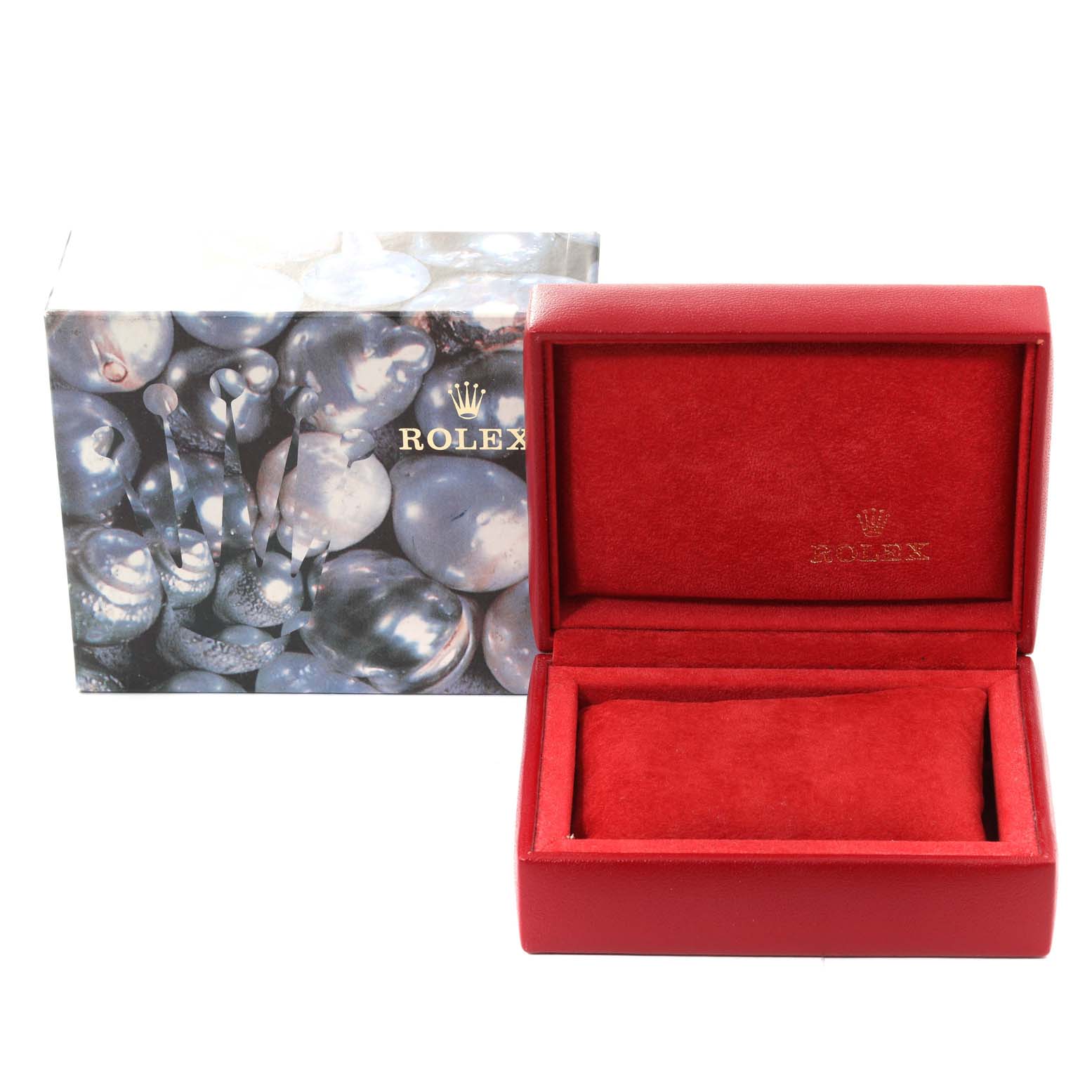 The image shows a Rolex Date 69160 Women's Stainless Steel Blue Dial 69160 Women's Stainless Steel Blue Dial model watch box in red with the lid open, alongside its outer pearlescent design box.