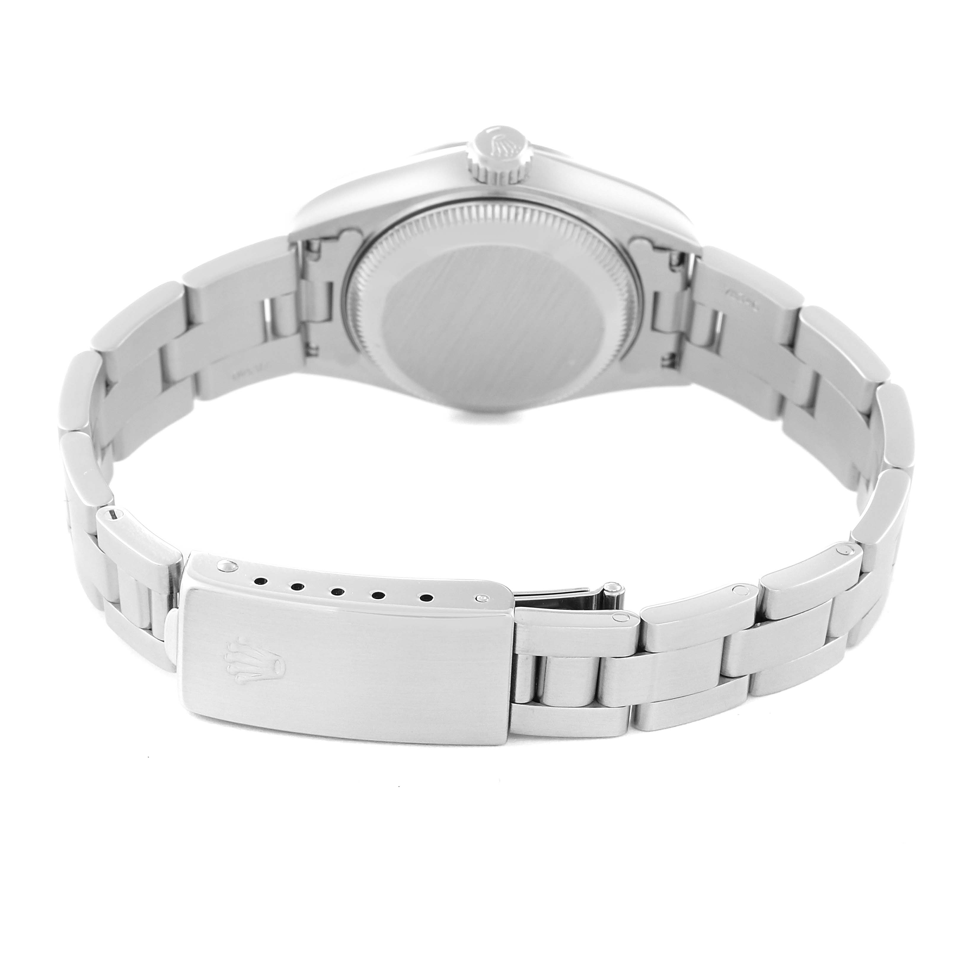 The image shows the back view of a Rolex Date 69160 Women's Stainless Steel Blue Dial 69160 Women's Stainless Steel Blue Dial watch, highlighting the clasp, bracelet, and case back.