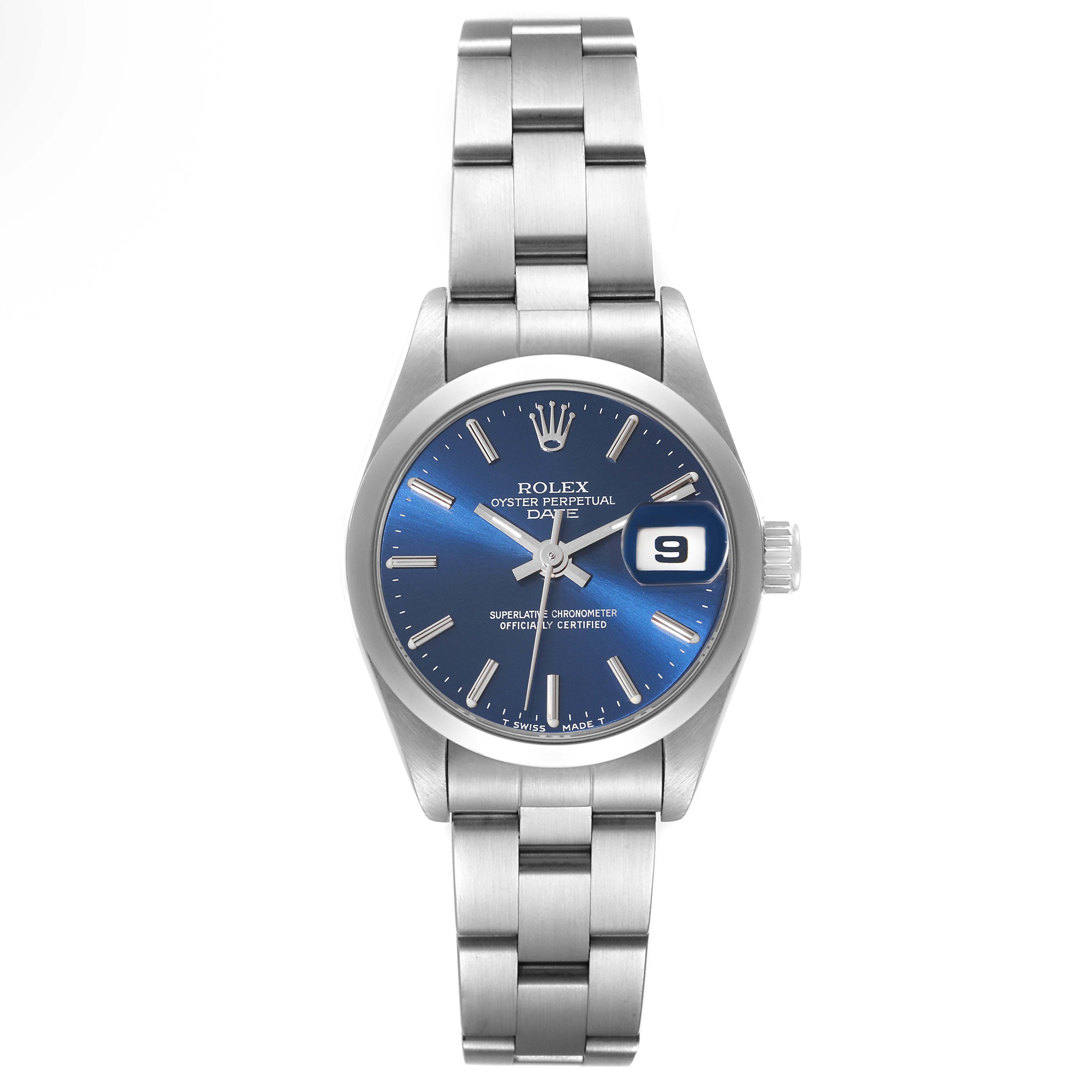 The image shows a front view of a Rolex Date 69160 Women's Stainless Steel Blue Dial 69160 Women's Stainless Steel Blue Dial model watch, highlighting the blue dial, date window, and stainless steel bracelet.