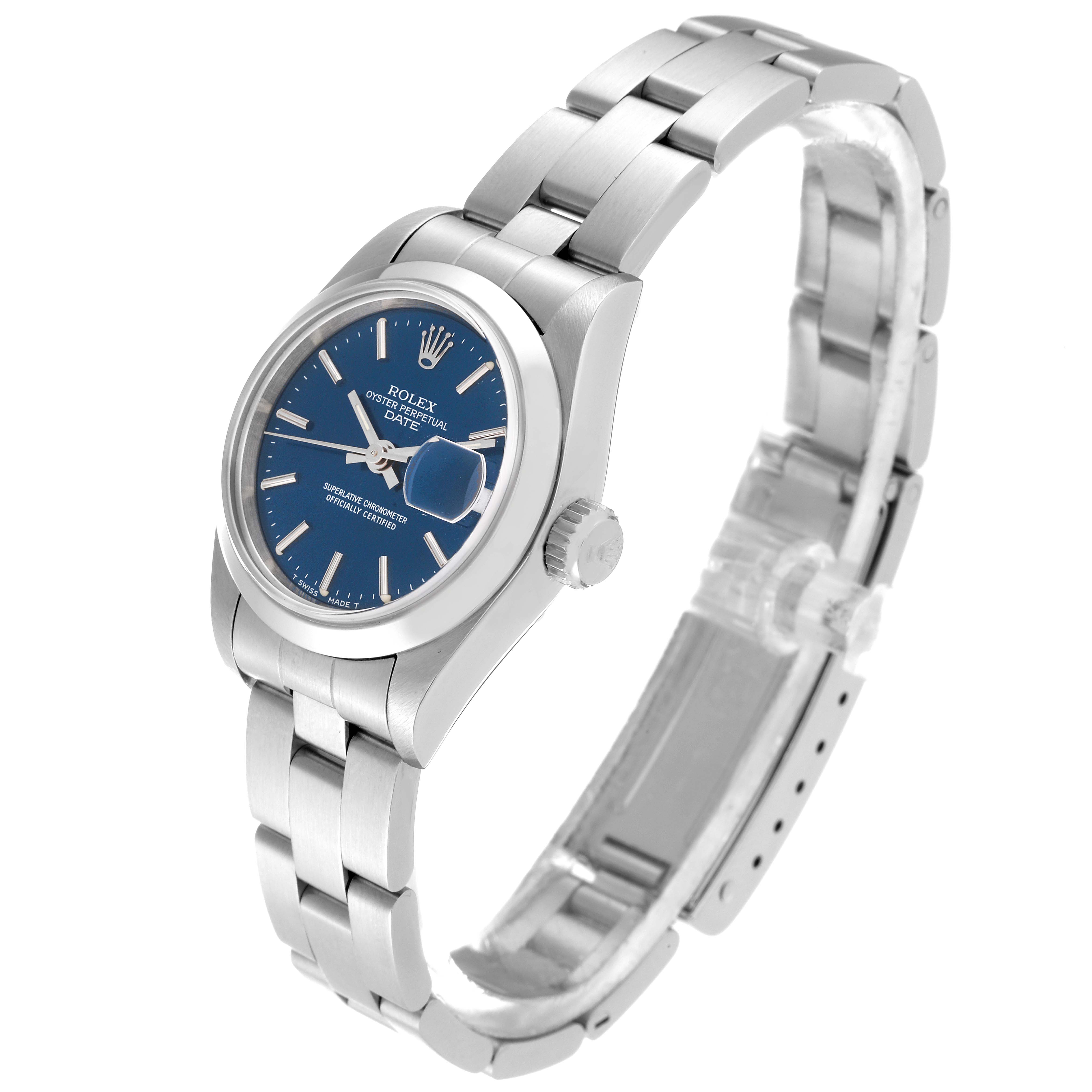 This image shows a Rolex Date 69160 Women's Stainless Steel Blue Dial 69160 Women's Stainless Steel Blue Dial model from an oblique angle, highlighting the face, bezel, crown, and part of the bracelet.