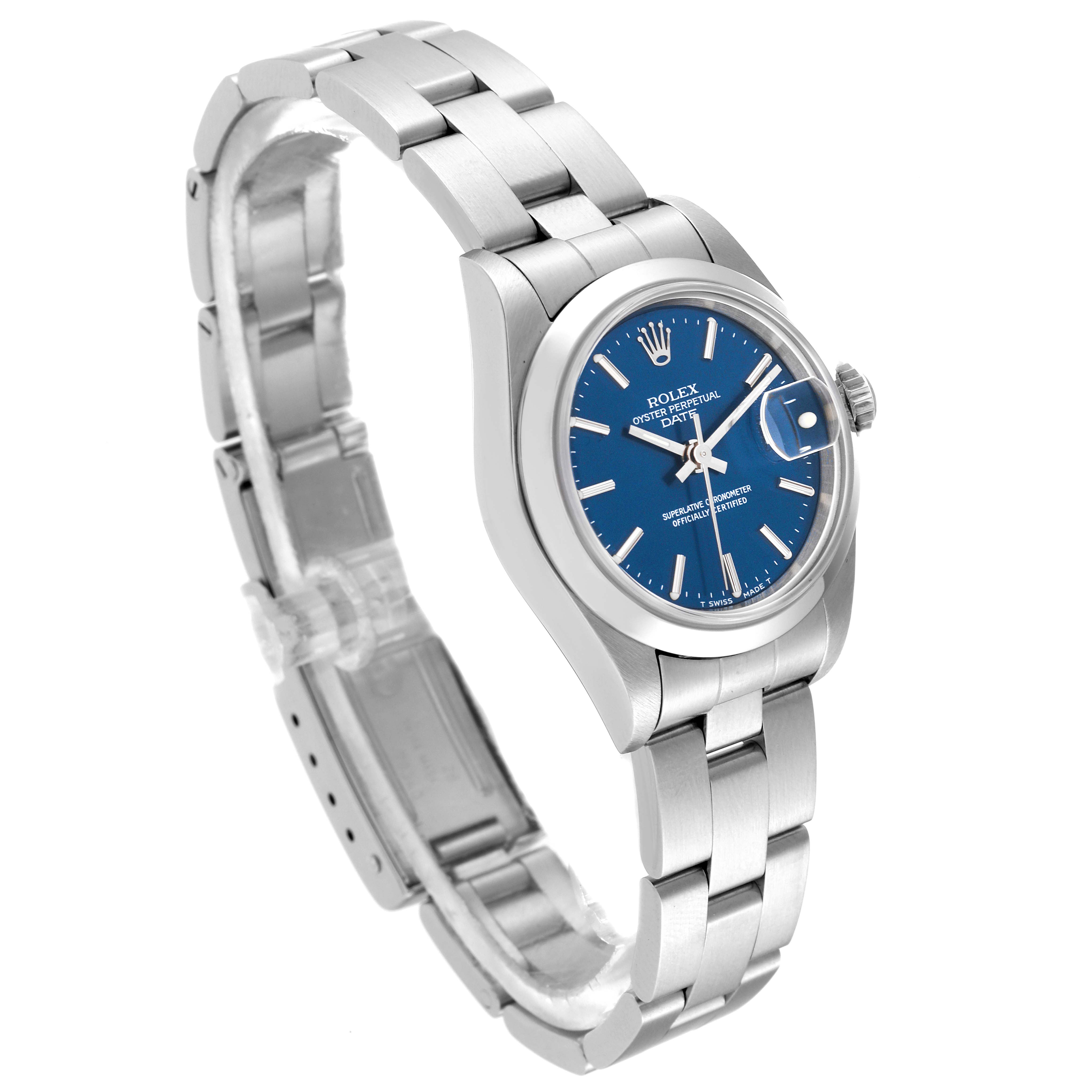 This image shows a Rolex Date 69160 Women's Stainless Steel Blue Dial 69160 Women's Stainless Steel Blue Dial model watch at a slight left-side angle, highlighting the blue dial and stainless steel bracelet.
