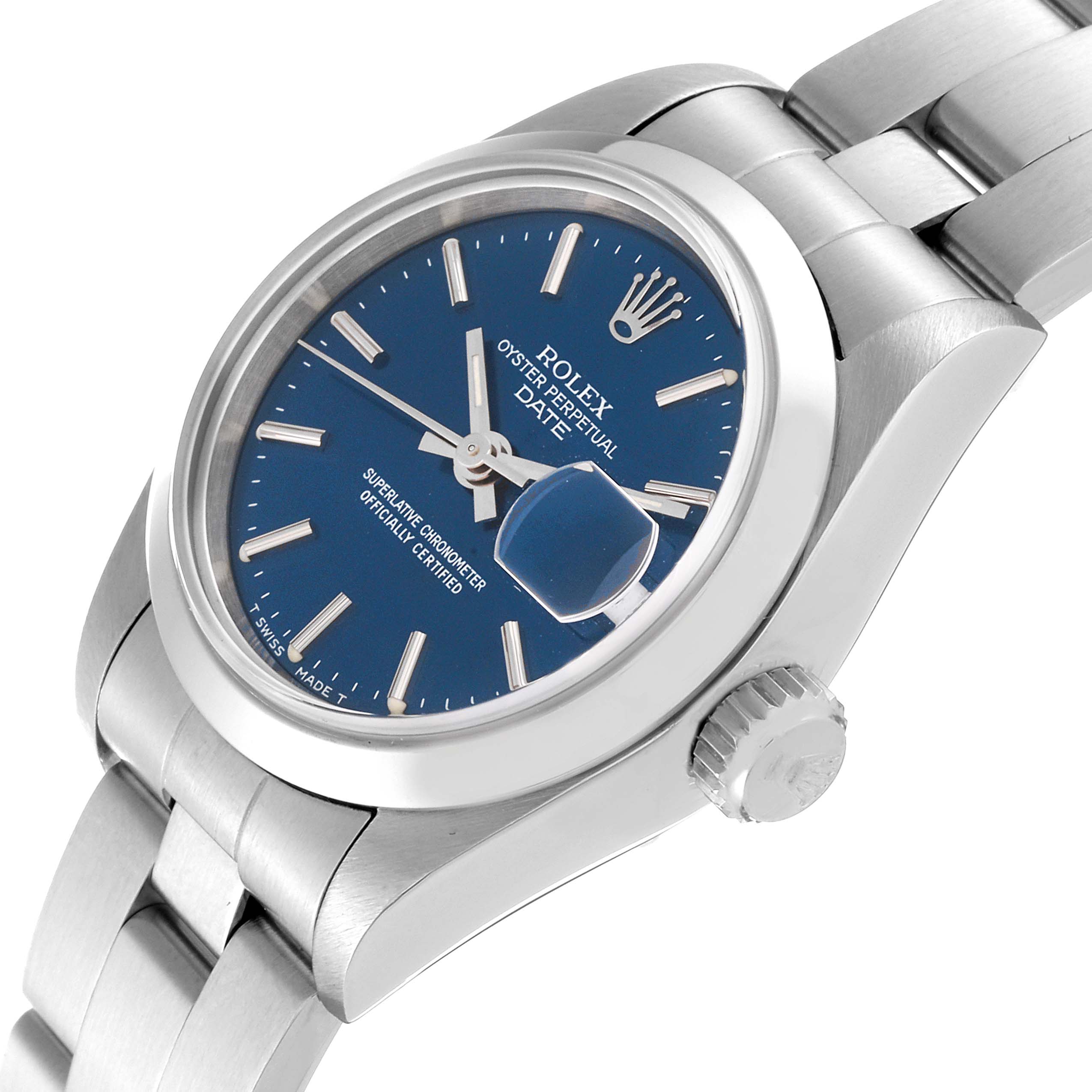 The image shows a close-up angle of a Rolex Date 69160 Women's Stainless Steel Blue Dial 69160 Women's Stainless Steel Blue Dial model watch, displaying the face, bezel, crown, and part of the bracelet.