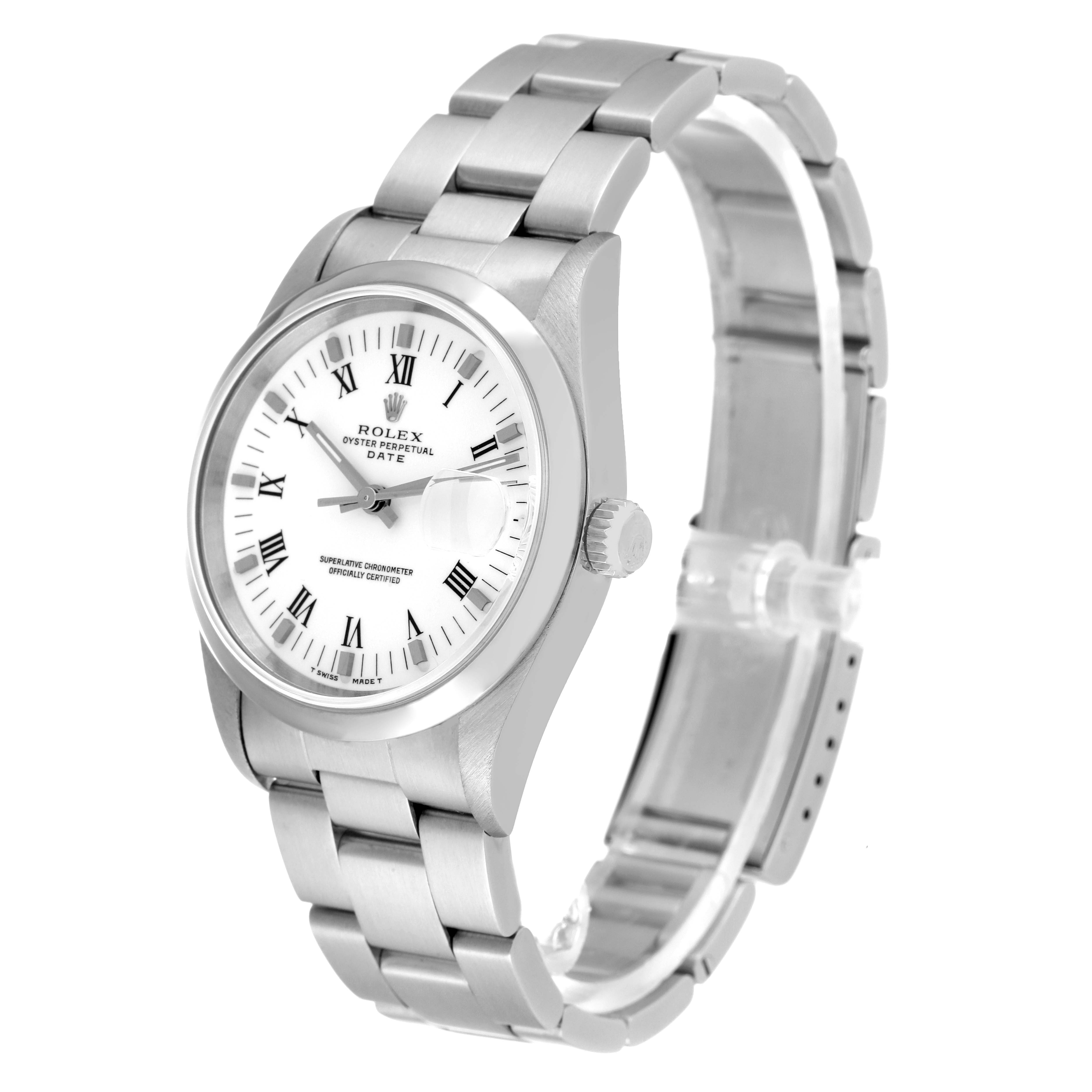The Rolex Date 15200 Men
s Stainless Steel White Dial 15200 Men
s Stainless Steel White Dial model watch is shown at a three-quarter angle, displaying the face, bezel, case, crown, and bracelet.