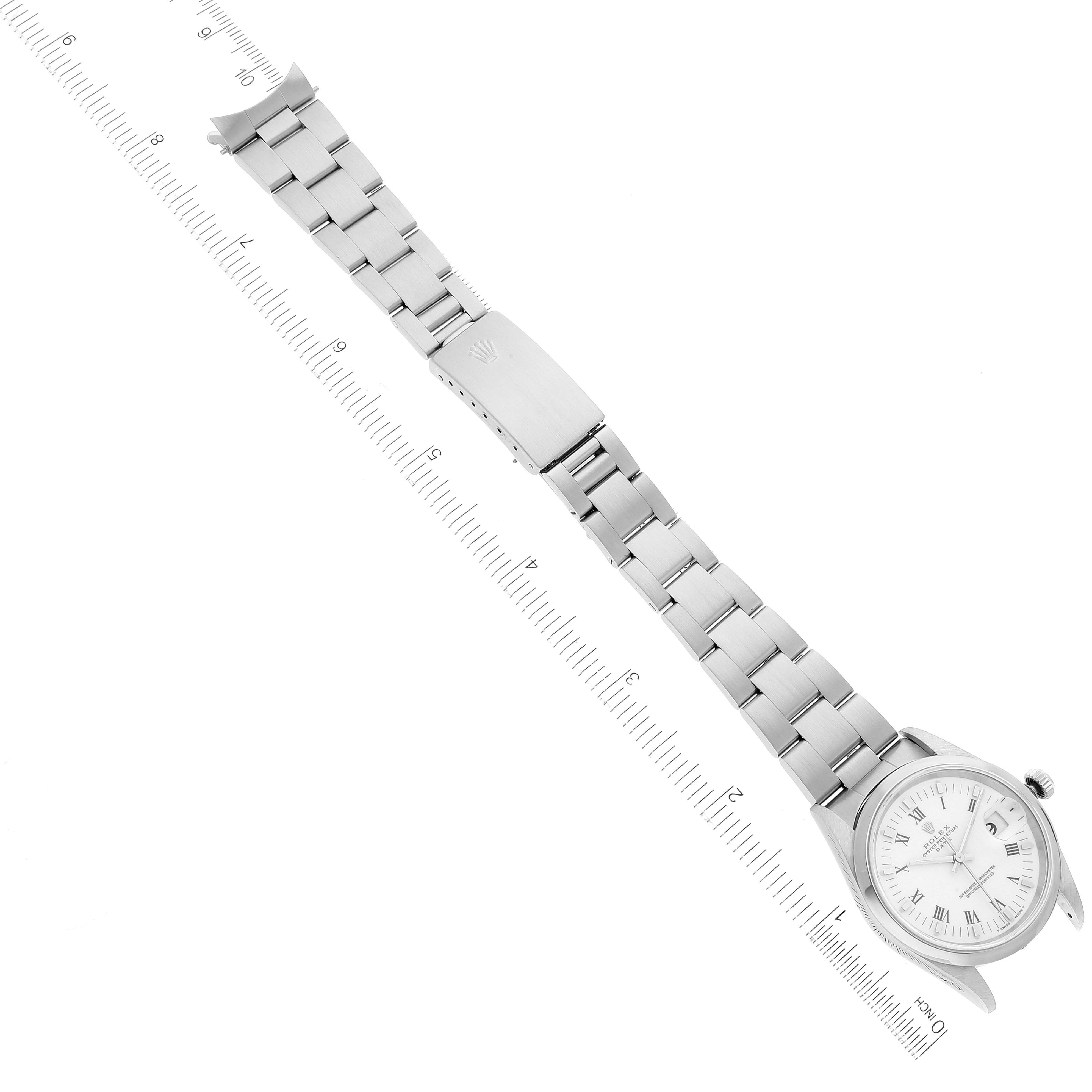 This image shows the Rolex Date 15200 Men
s Stainless Steel White Dial 15200 Men
s Stainless Steel White Dial model watch laid flat, displaying the entire band, clasp, and face at a top-down angle.