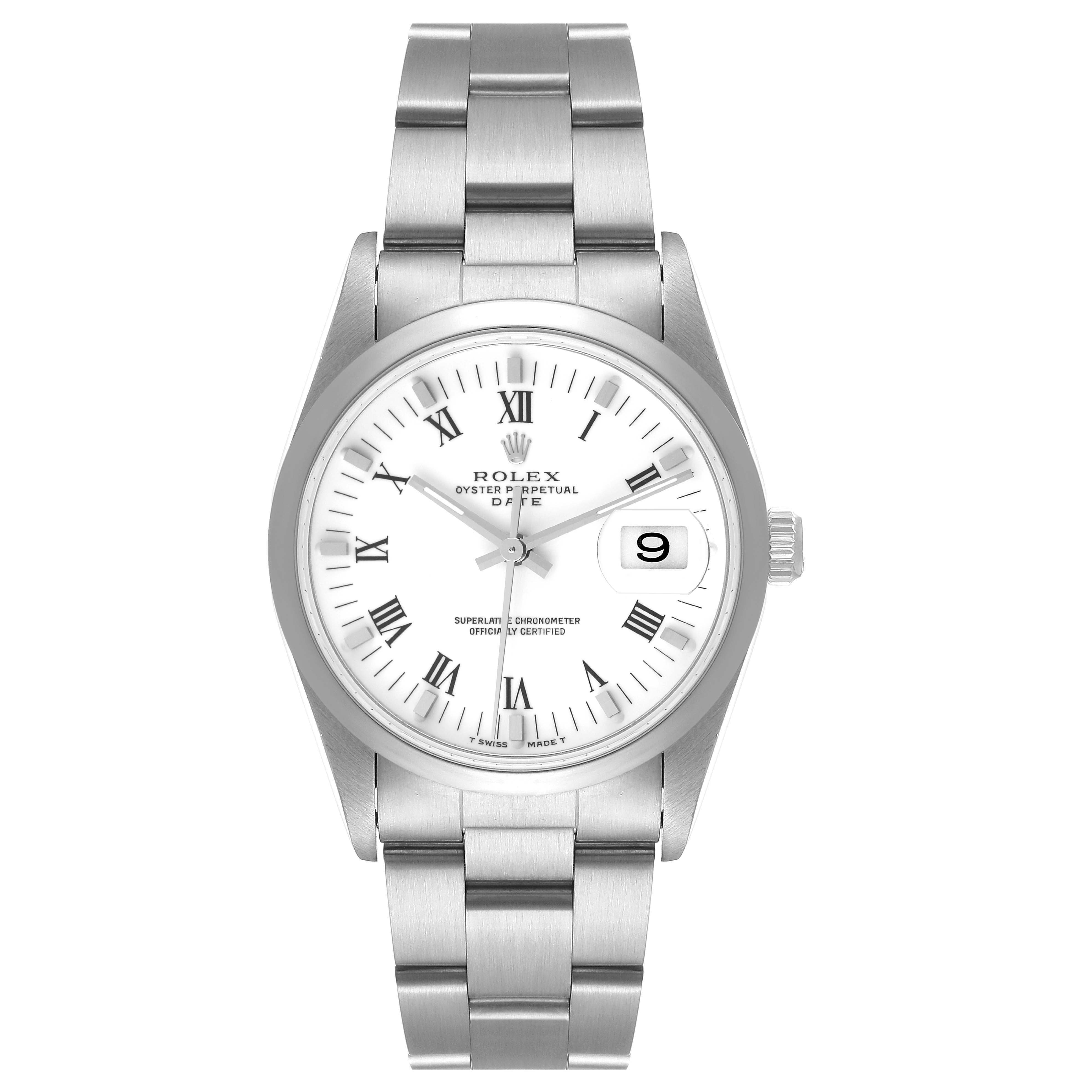The image shows a front view of a Rolex Date 15200 Men
s Stainless Steel White Dial 15200 Men
s Stainless Steel White Dial model watch, highlighting the dial, bracelet, and crown.