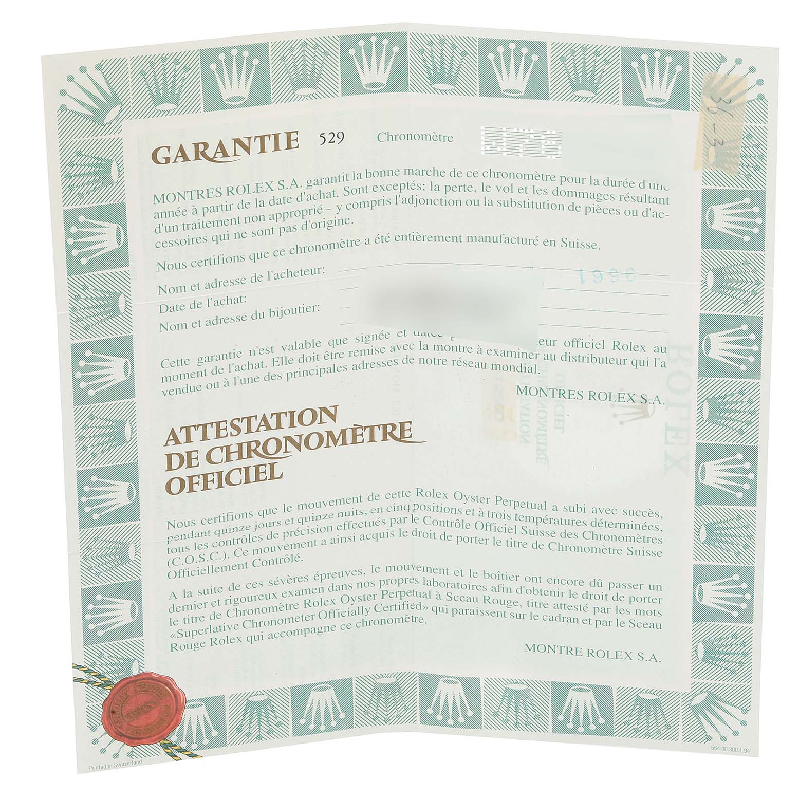 This image shows the warranty certificate for a Rolex Date 15200 Men
s Stainless Steel White Dial 15200 Men
s Stainless Steel White Dial model watch.