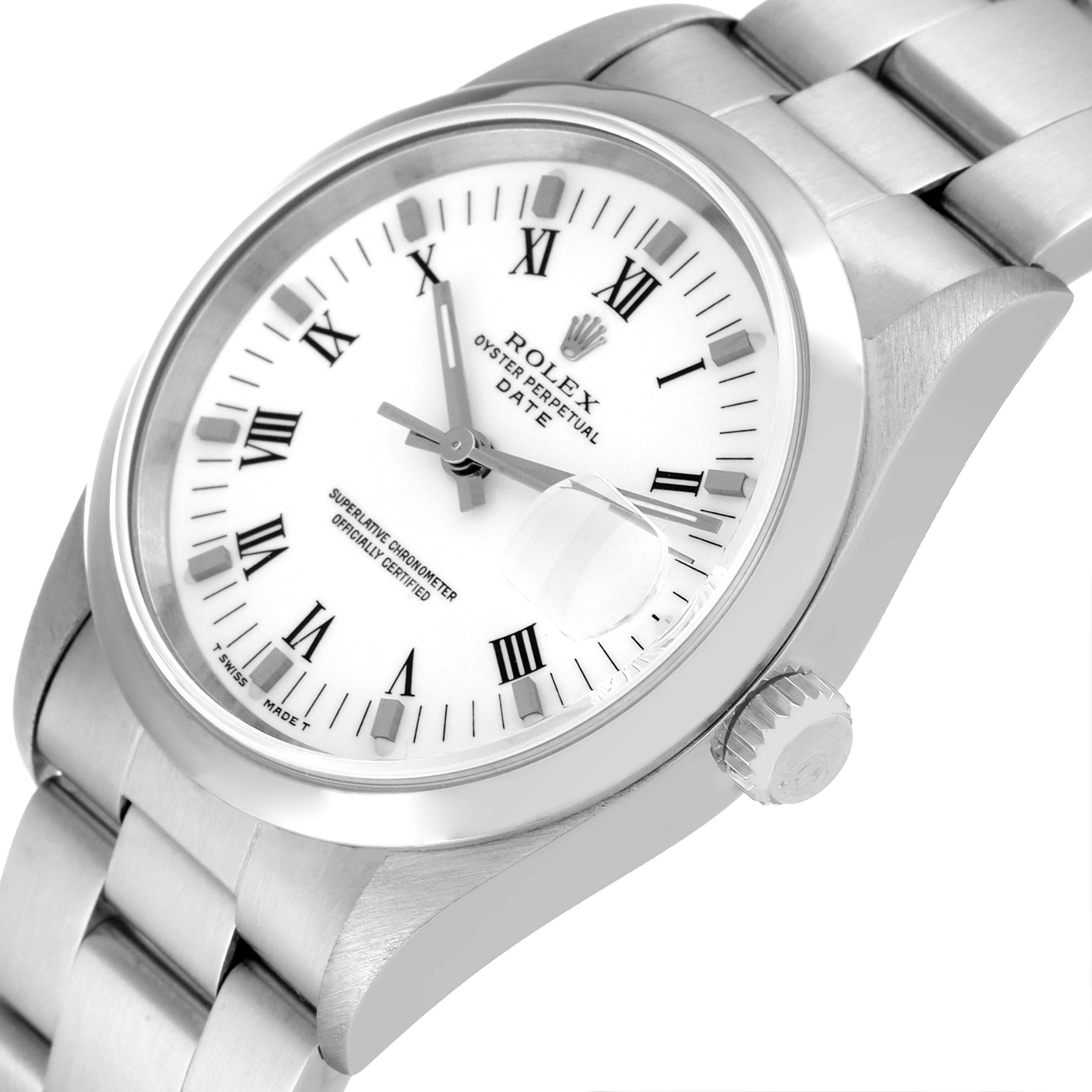 The image shows a close-up of a Rolex Date 15200 Men
s Stainless Steel White Dial 15200 Men
s Stainless Steel White Dial model watch, highlighting the face, crown, and bracelet at a slight angle.
