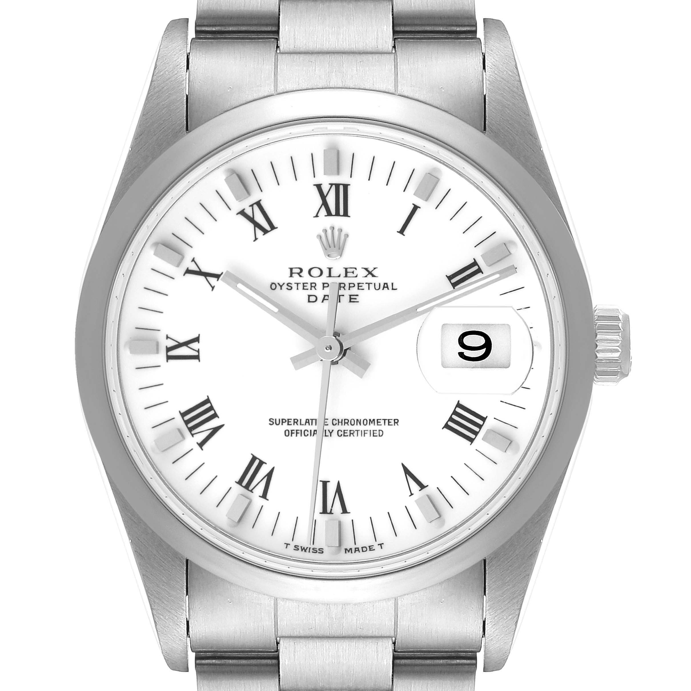 The image shows a front view of the Rolex Date 15200 Men
s Stainless Steel White Dial 15200 Men
s Stainless Steel White Dial model watch, highlighting the dial, hands, and bracelet.